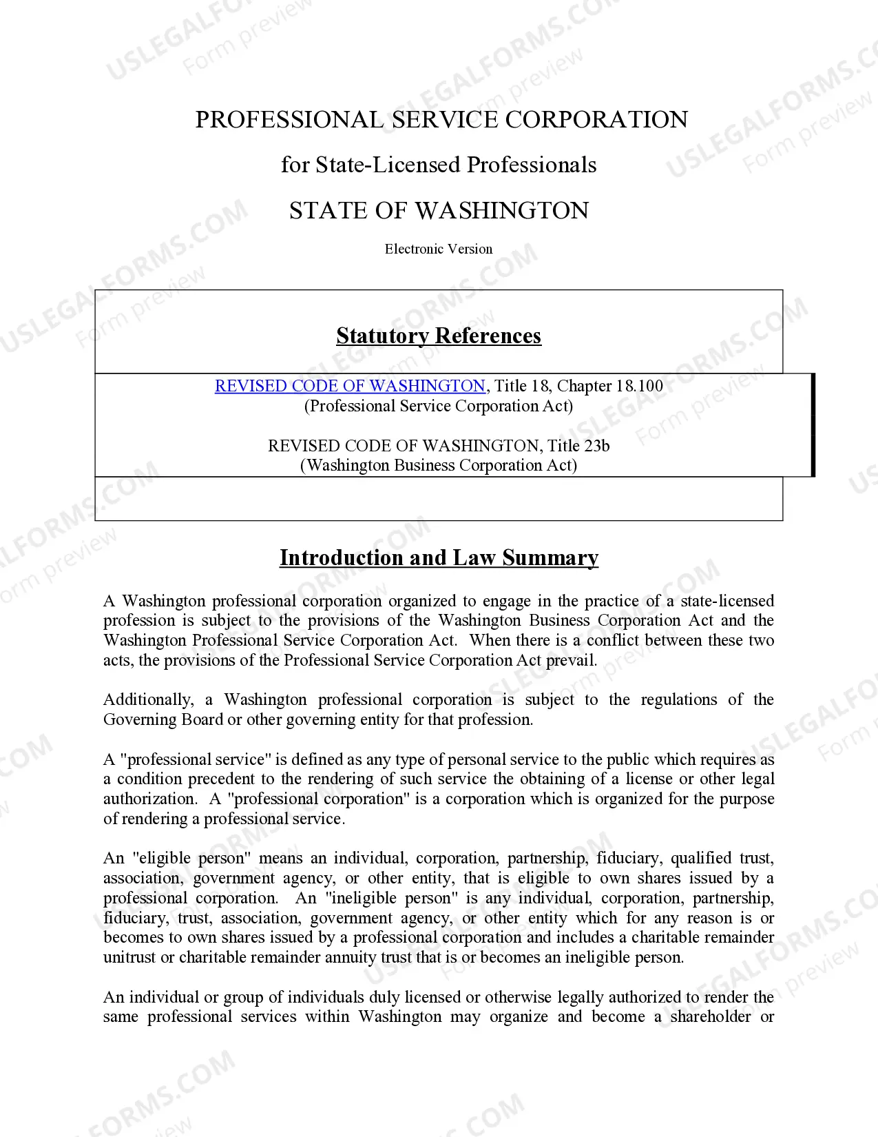 Preview Professional Corporation Package for Washington