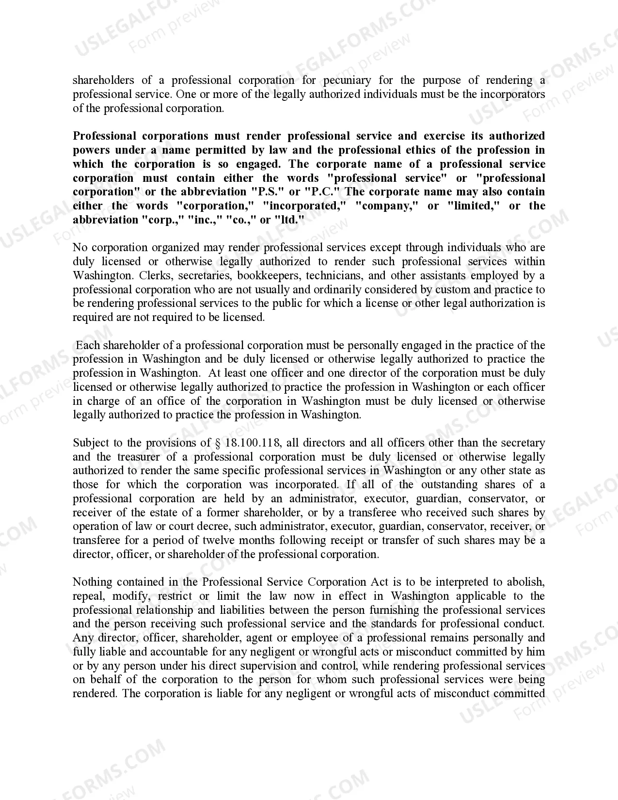 Preview Professional Corporation Package for Washington