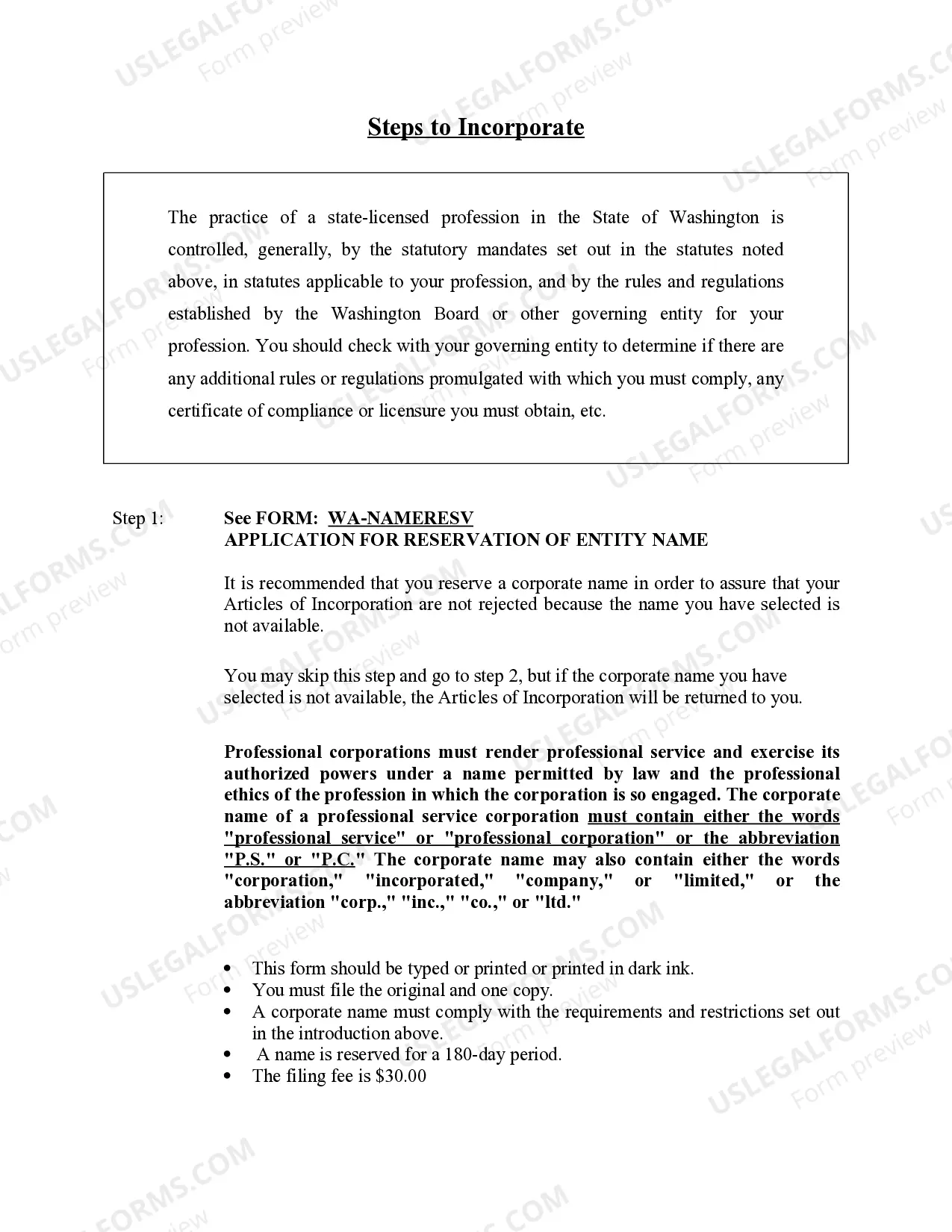 Preview Professional Corporation Package for Washington