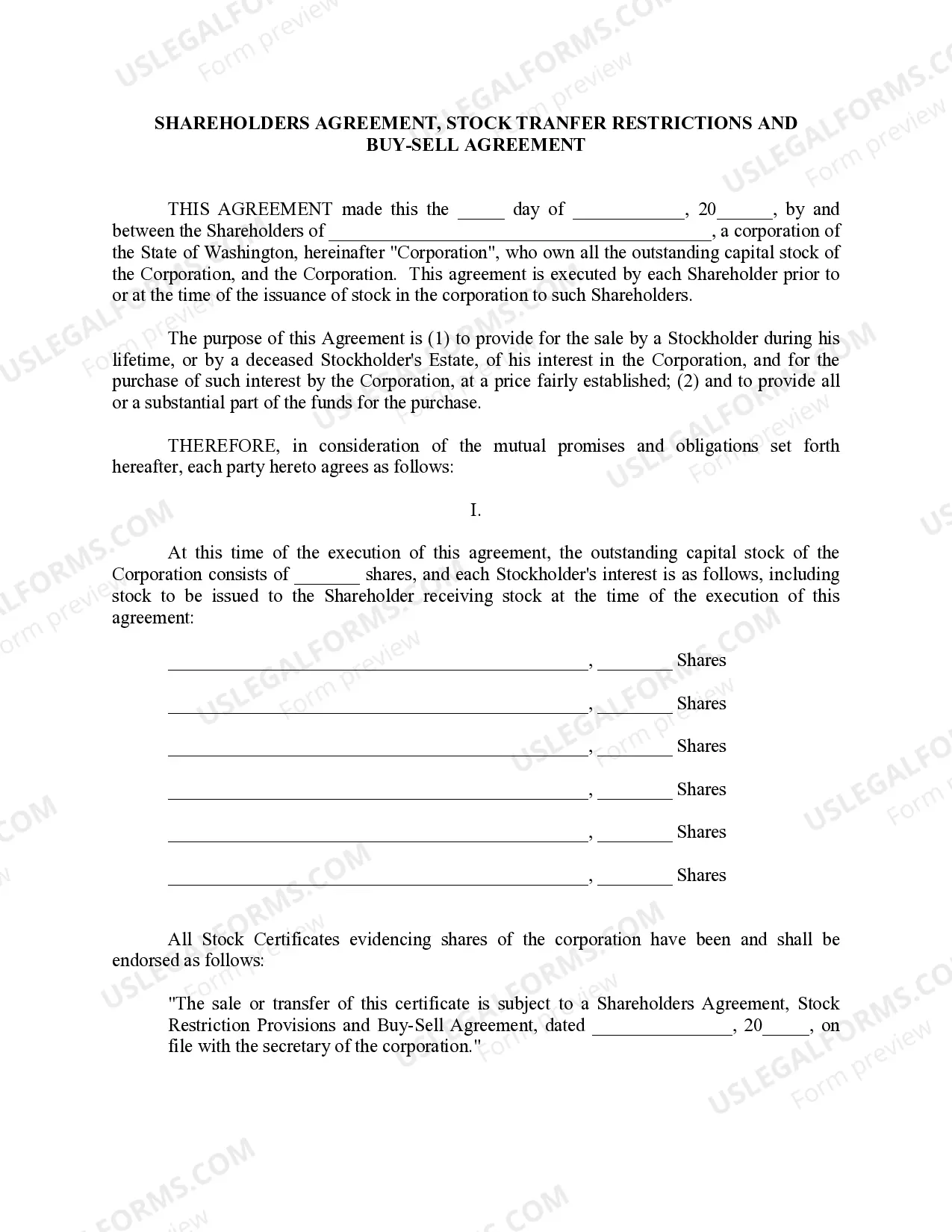 Preview Washington Pre-Incorporation Agreement, Shareholders Agreement and Confidentiality Agreement