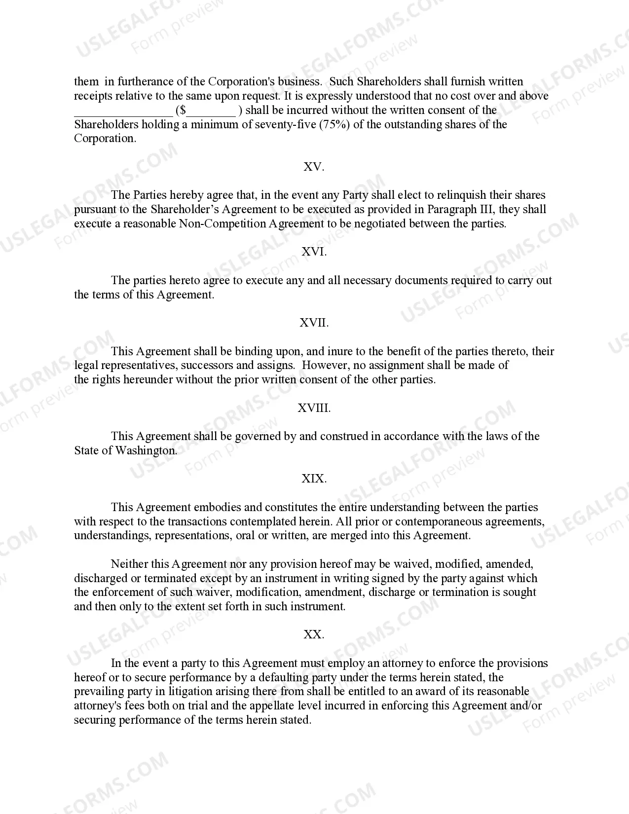 Preview Washington Pre-Incorporation Agreement, Shareholders Agreement and Confidentiality Agreement