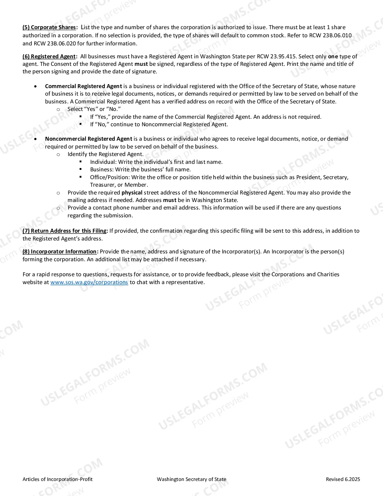 Preview Washington Articles of Incorporation for Domestic For-Profit Corporation