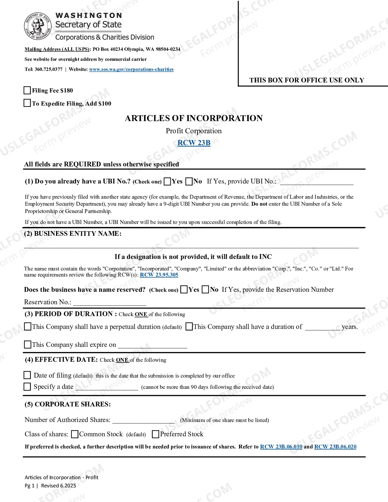 Preview Washington Articles of Incorporation for Domestic For-Profit Corporation