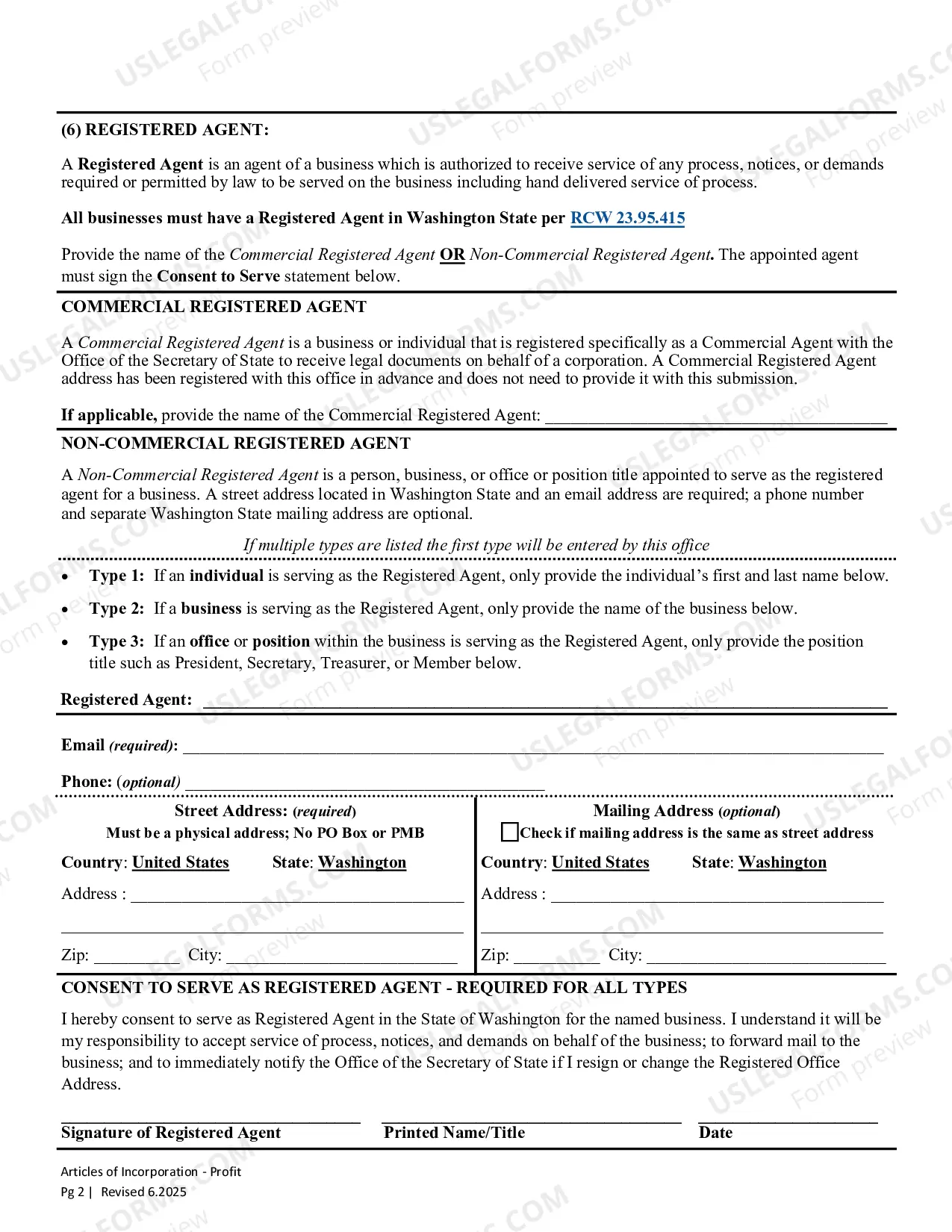 Preview Washington Articles of Incorporation for Domestic For-Profit Corporation
