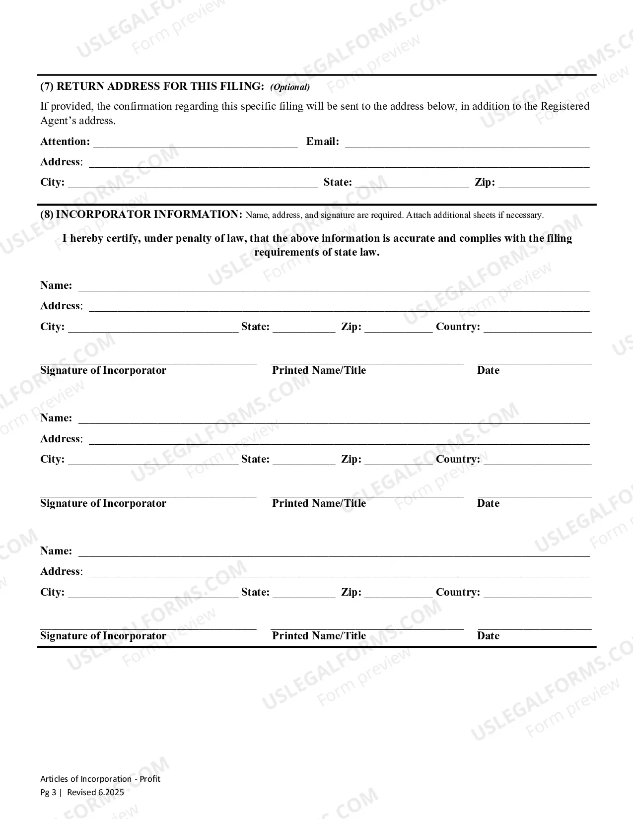 Preview Washington Articles of Incorporation for Domestic For-Profit Corporation