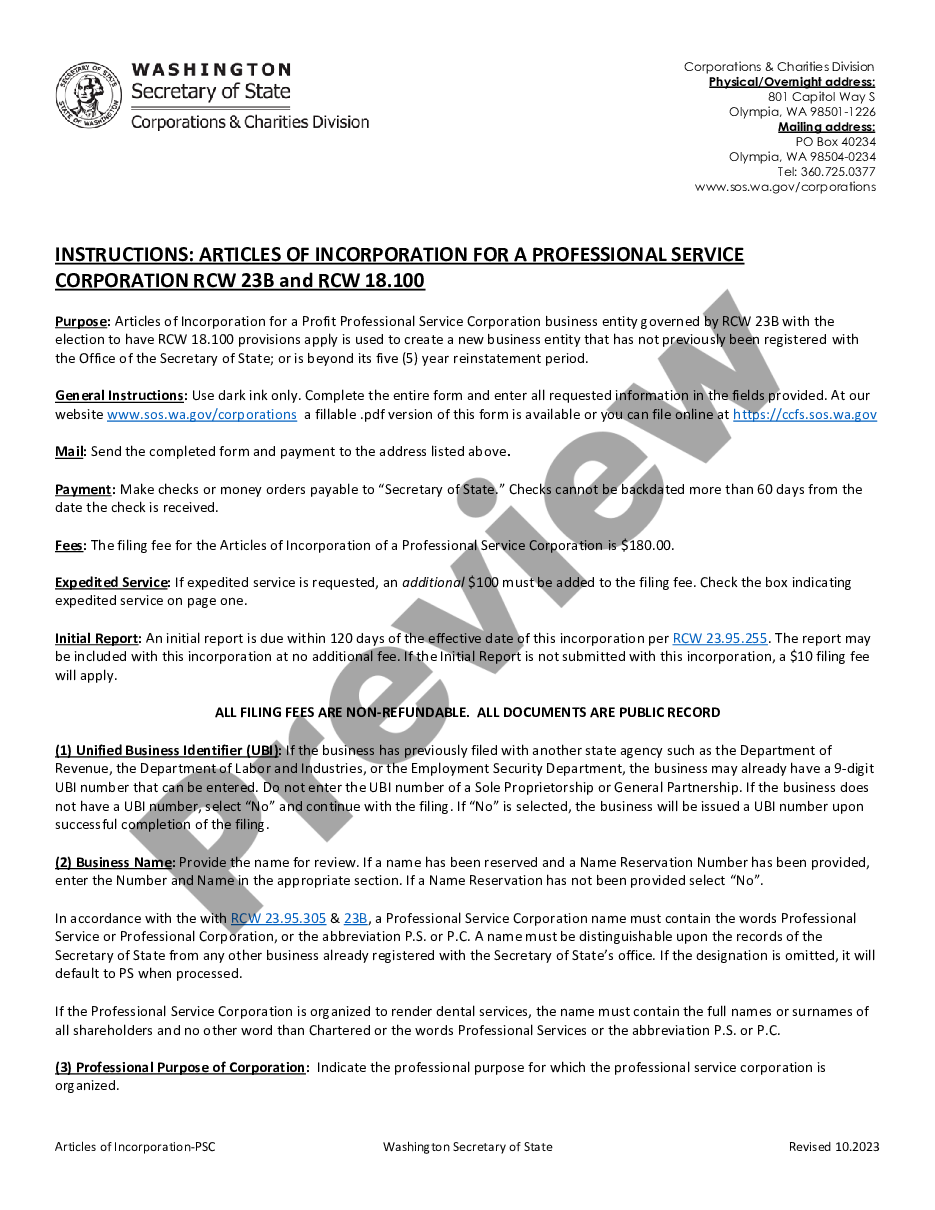 page 0 Washington Articles of Incorporation for Professional Corporation preview