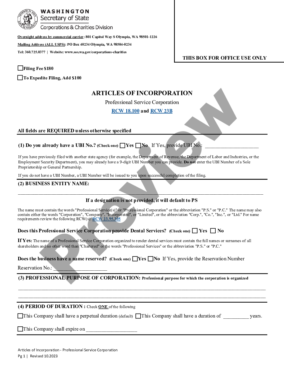 page 2 Washington Articles of Incorporation for Professional Corporation preview
