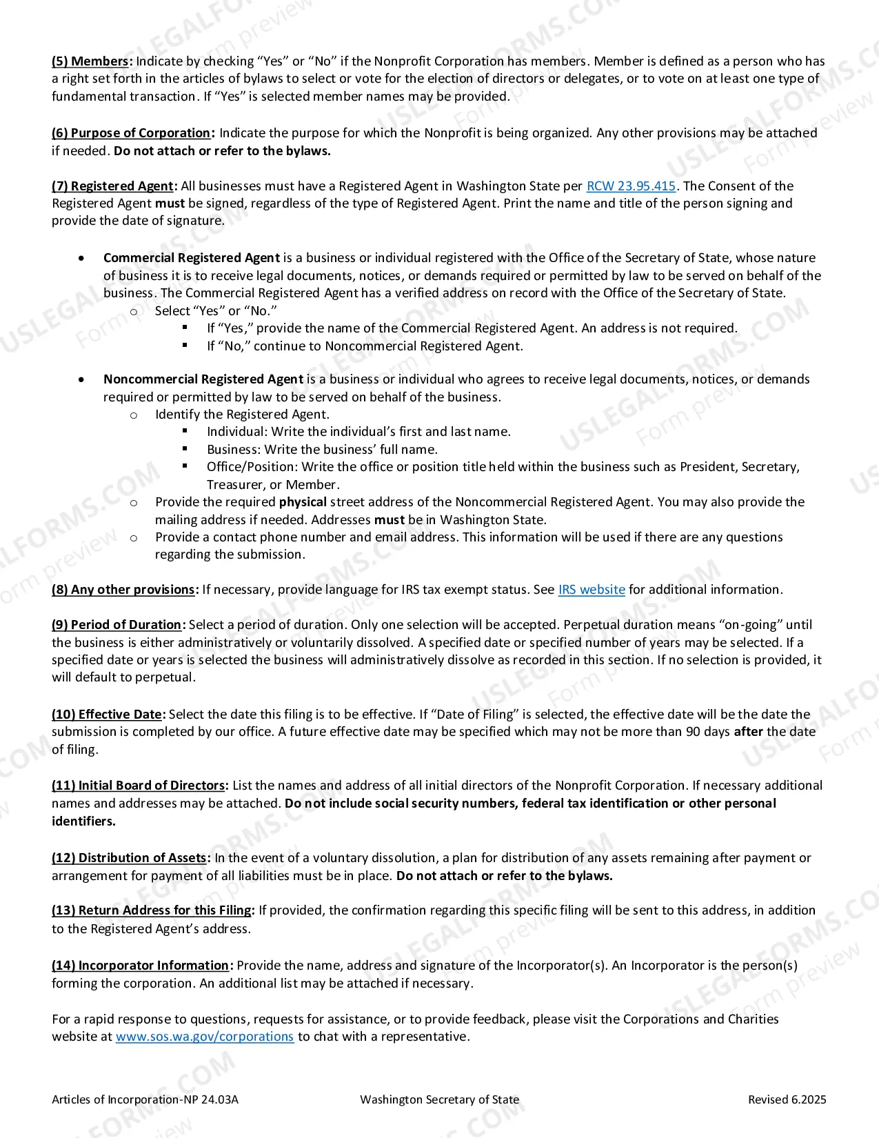 Preview Washington Articles of Incorporation for Domestic Nonprofit Corporation