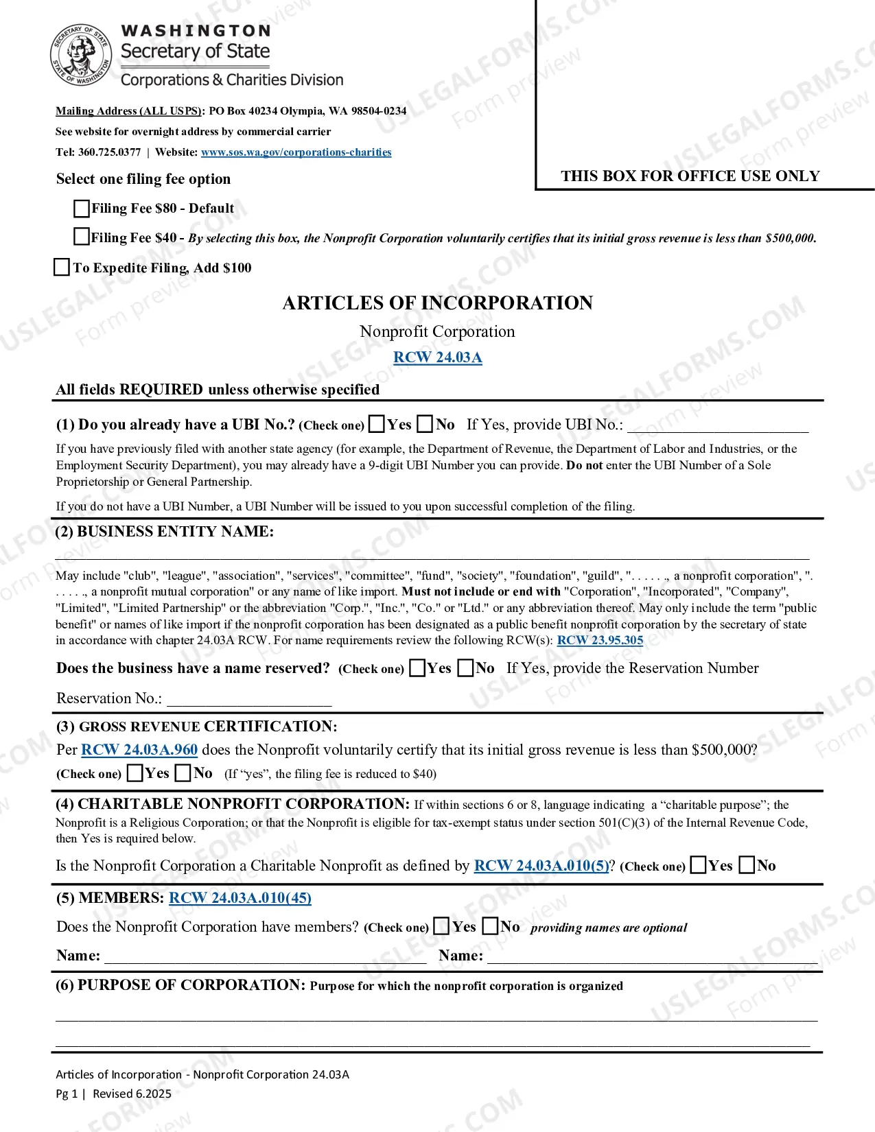 Preview Washington Articles of Incorporation for Domestic Nonprofit Corporation