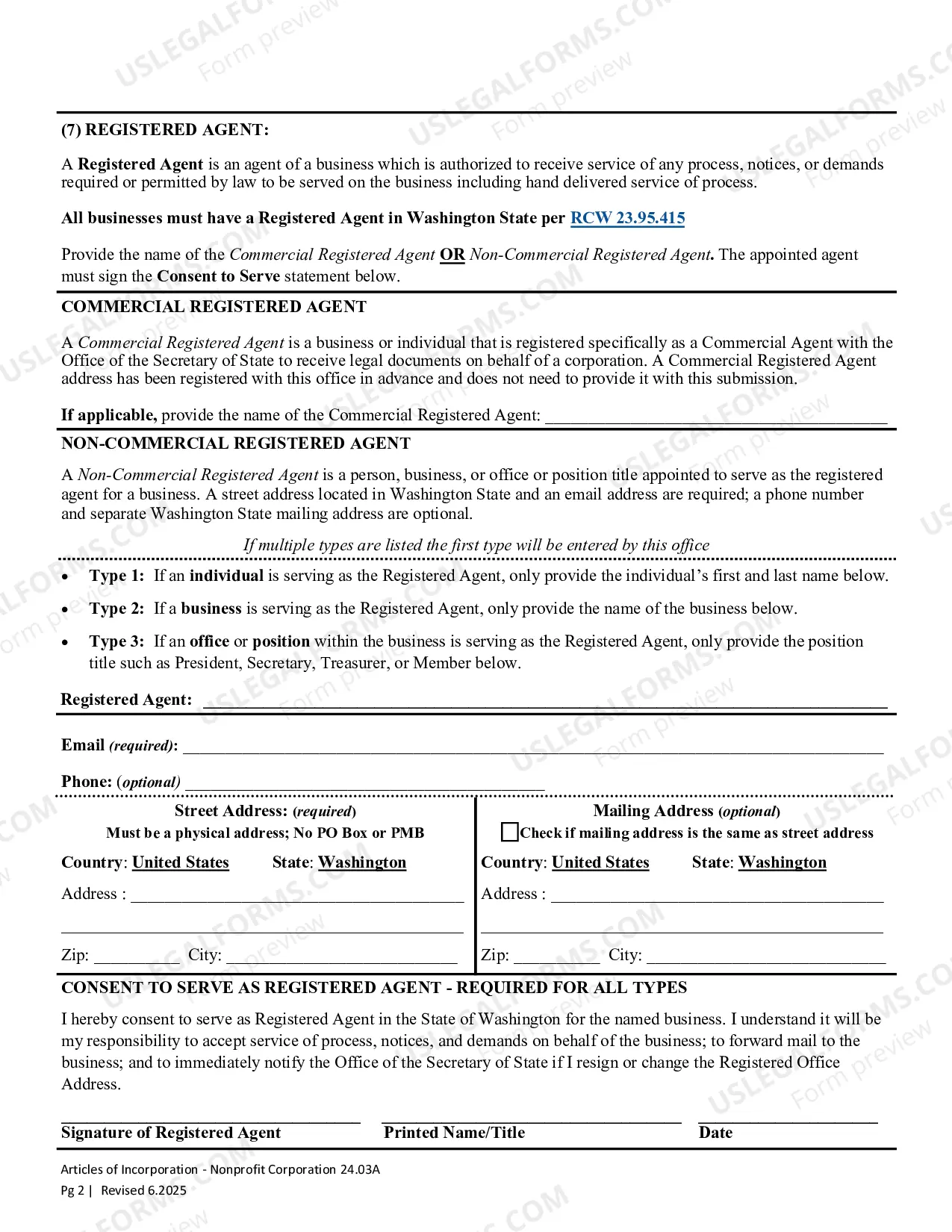 Preview Washington Articles of Incorporation for Domestic Nonprofit Corporation