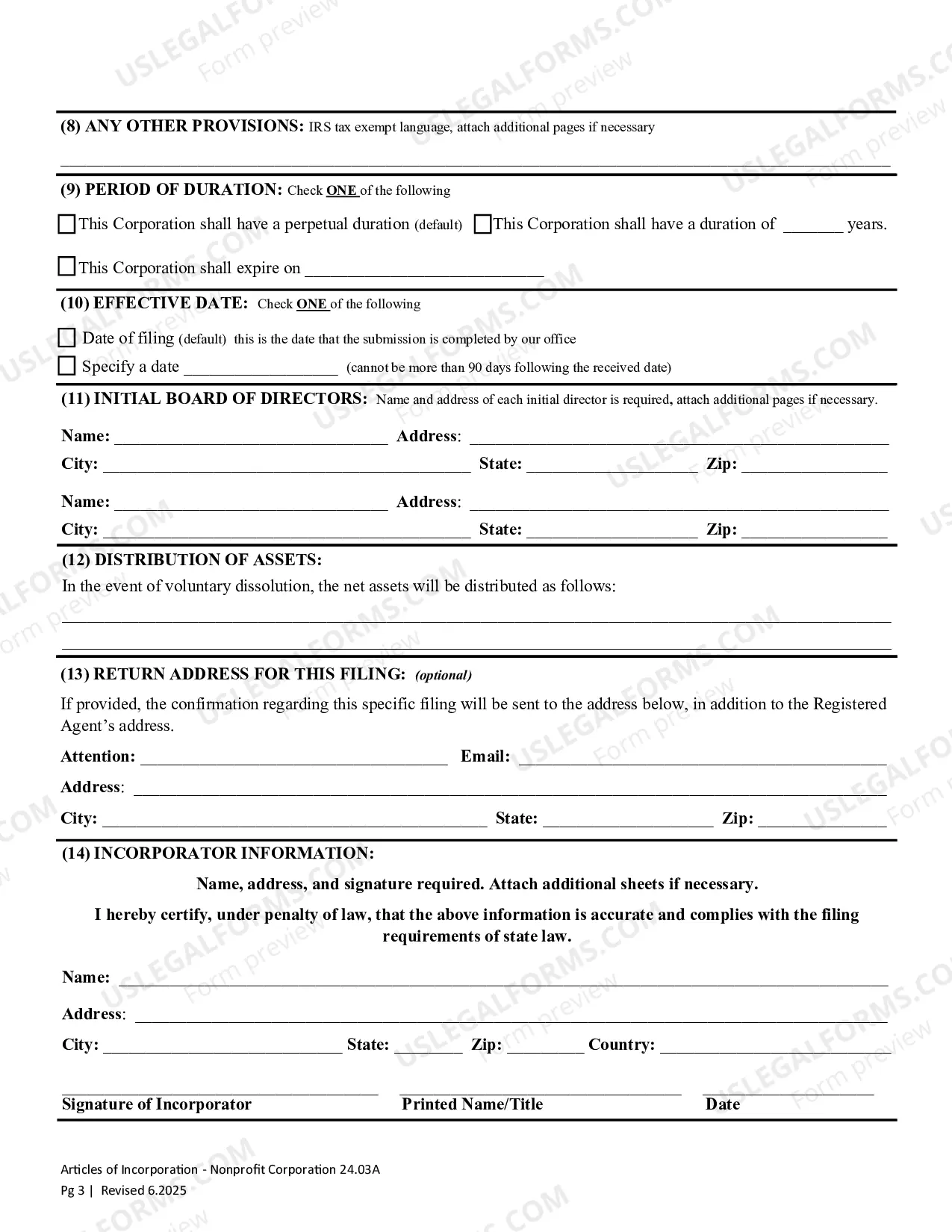 Preview Washington Articles of Incorporation for Domestic Nonprofit Corporation