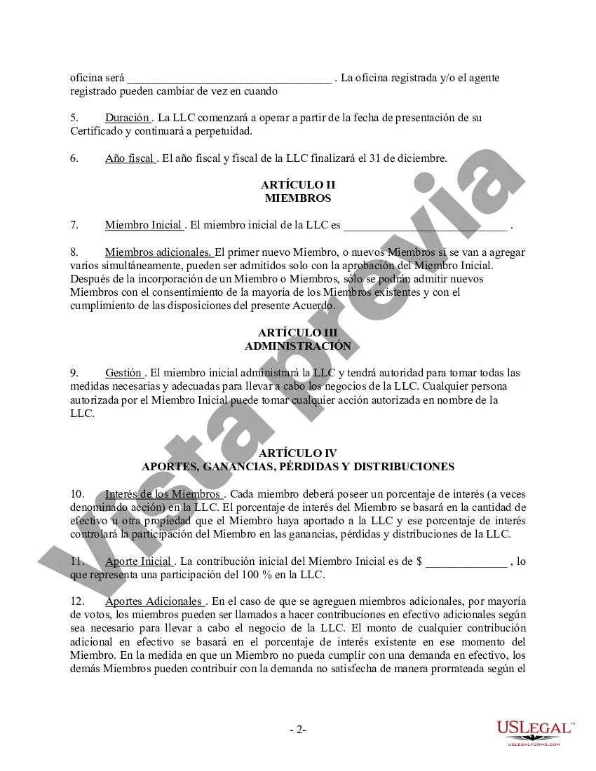 Preview Acuerdo Operativo LLC de Sociedad de Responsabilidad Limitada de Miembro Único