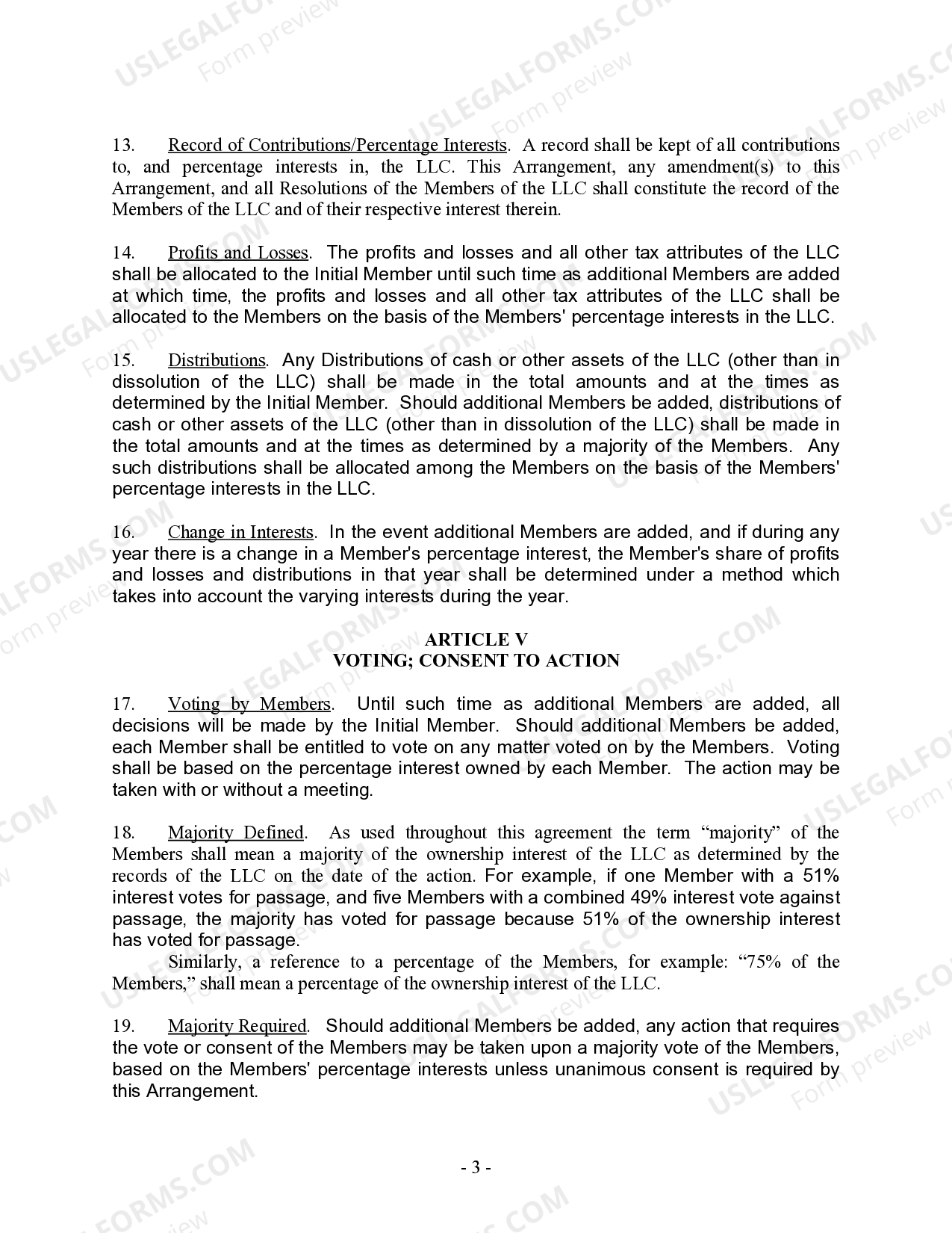 Washington Single Member Limited Liability Company LLC Operating ...