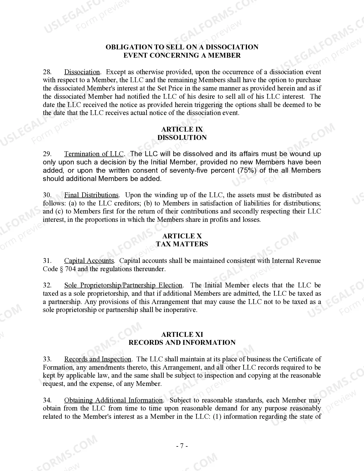 Preview Single Member Limited Liability Company LLC Operating Agreement