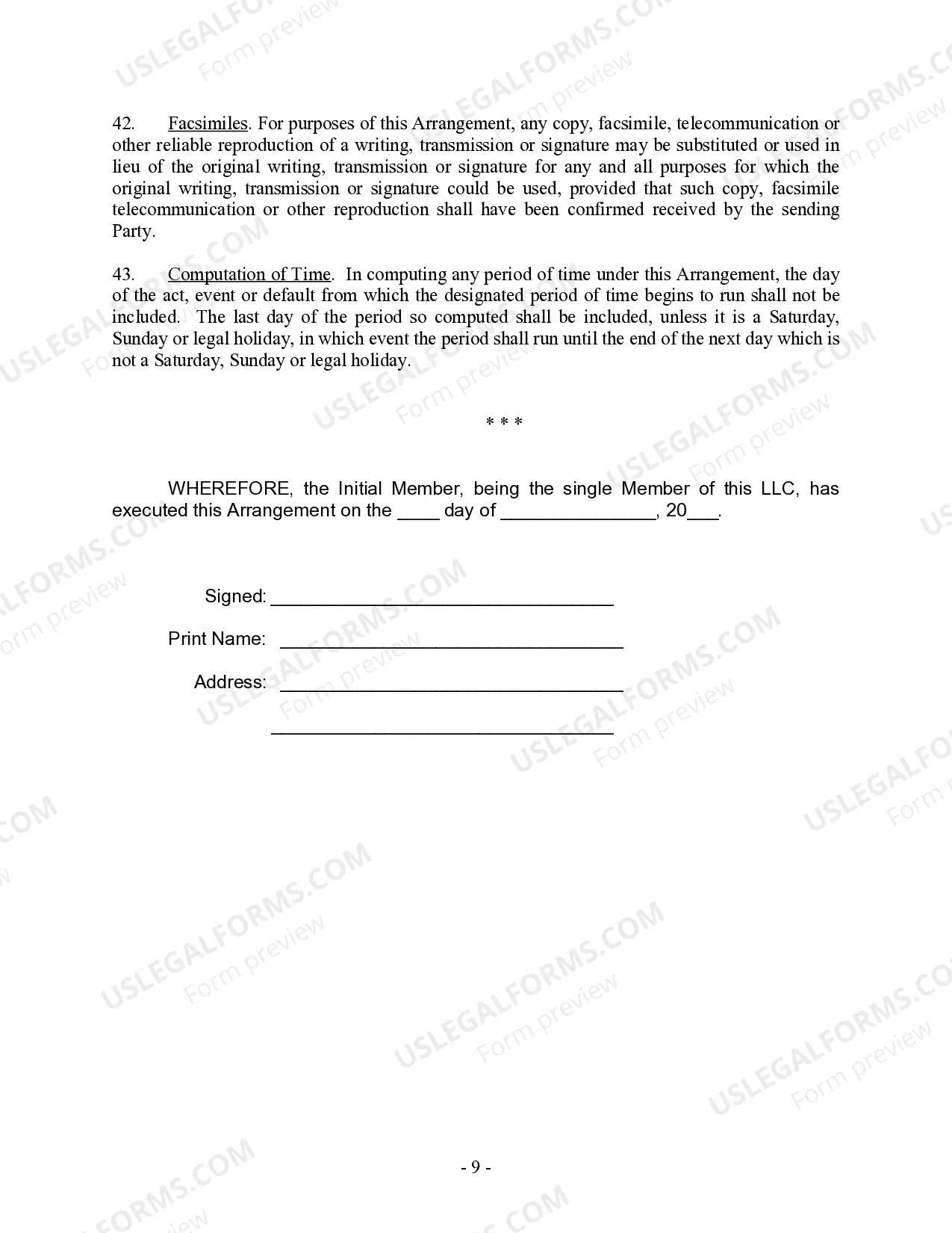 Preview Single Member Limited Liability Company LLC Operating Agreement