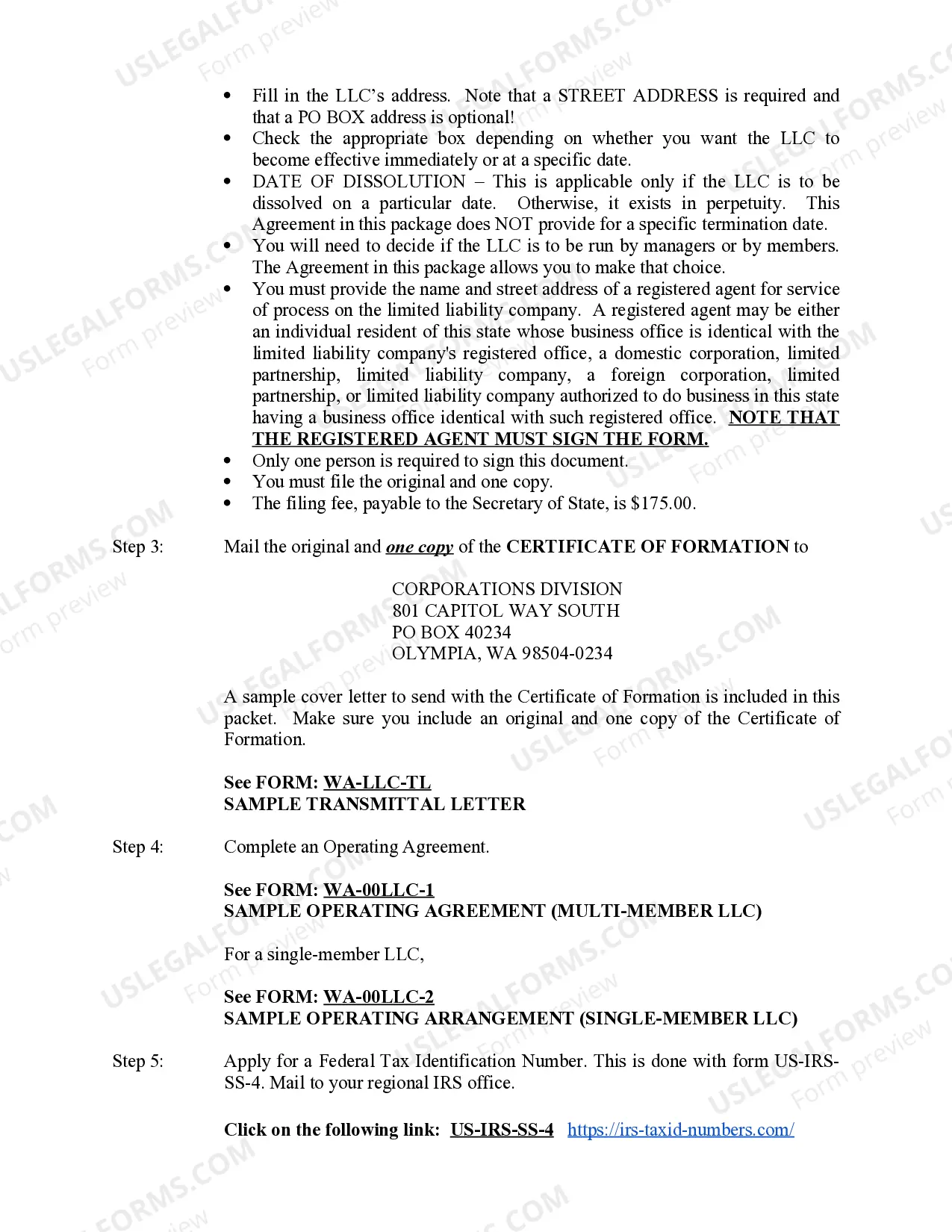 Preview Washington Limited Liability Company LLC Formation Package