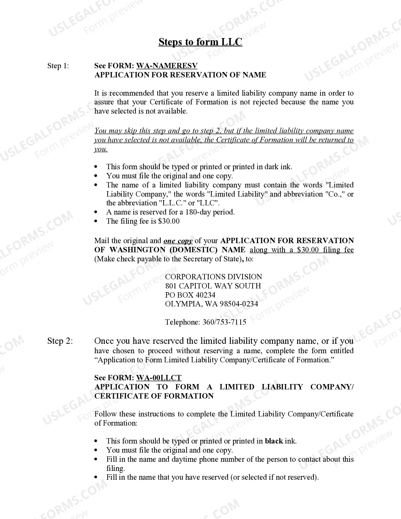 Preview Washington Limited Liability Company LLC Formation Package