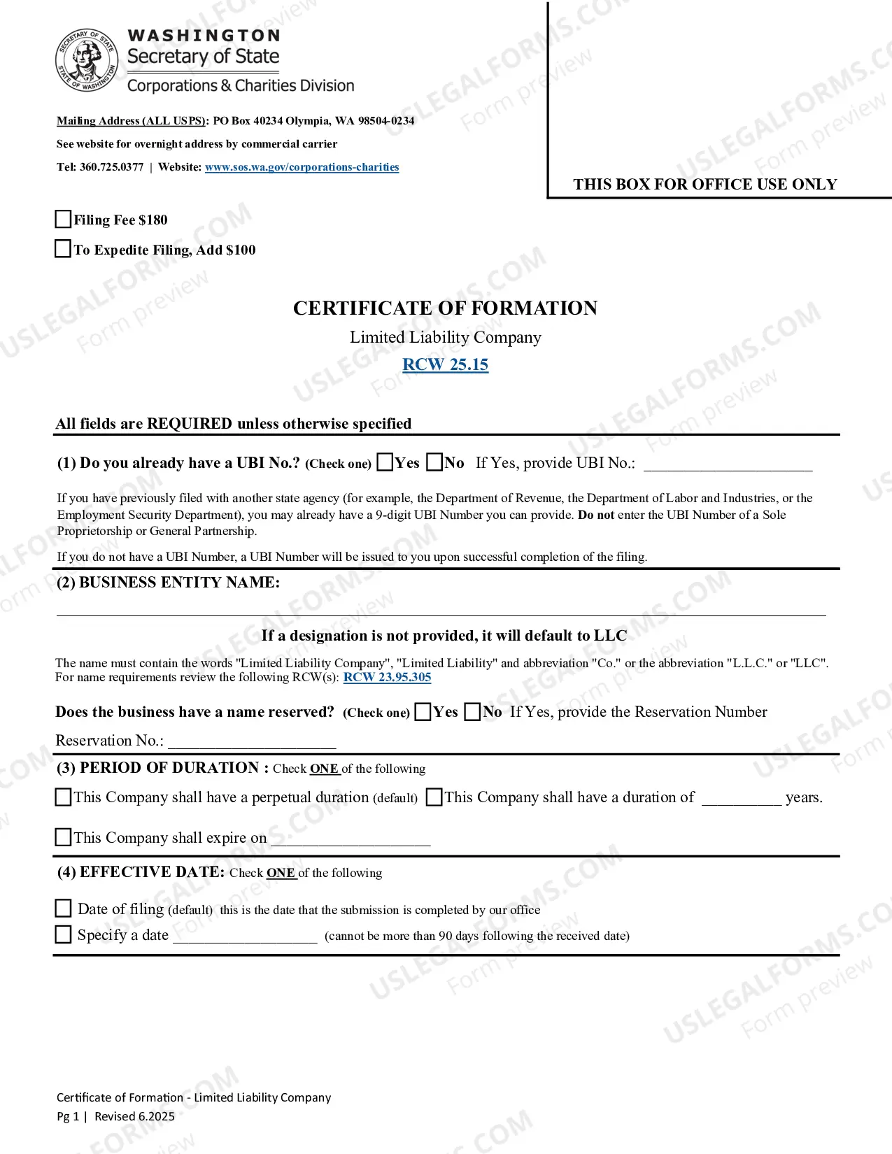 Preview Washington Certificate of Formation for Domestic Limited Liability Company LLC