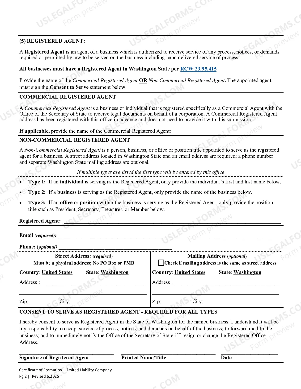 Preview Washington Certificate of Formation for Domestic Limited Liability Company LLC