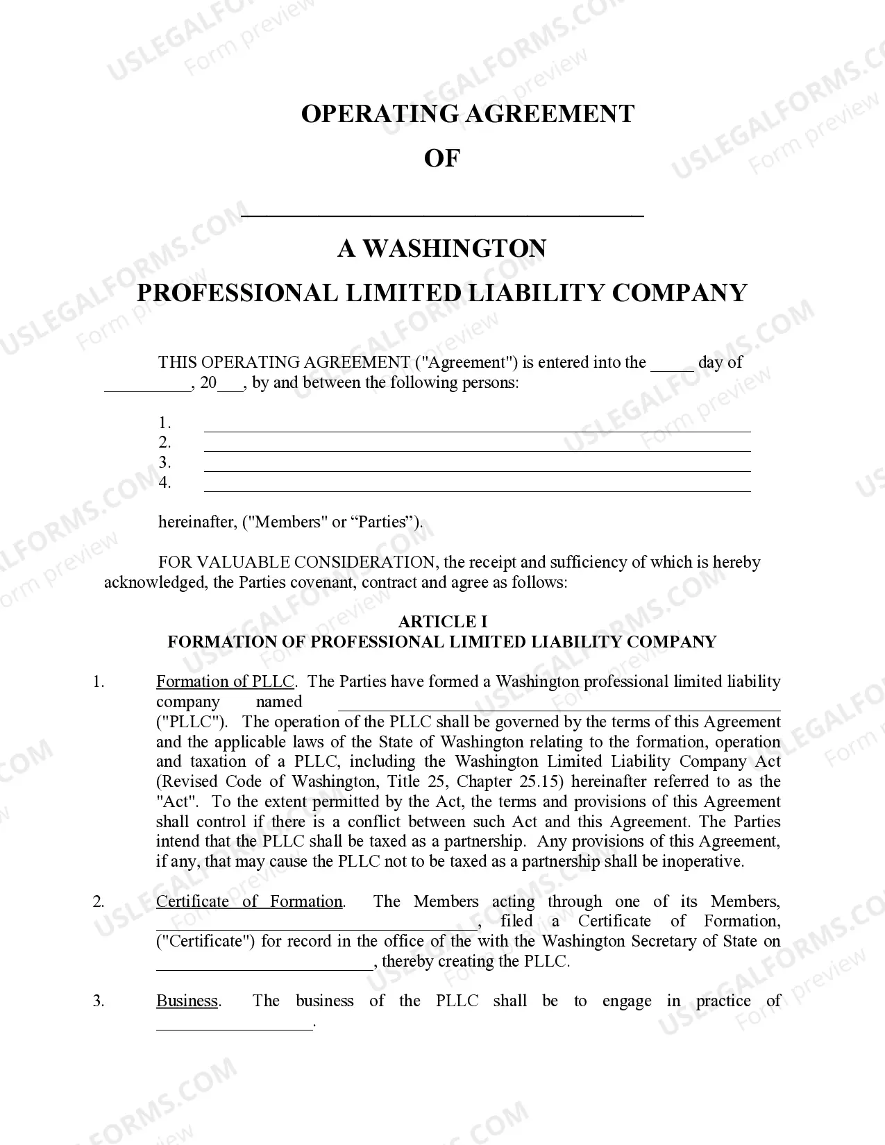Preview Washington Professional Limited Liability Company PLLC Formation Package