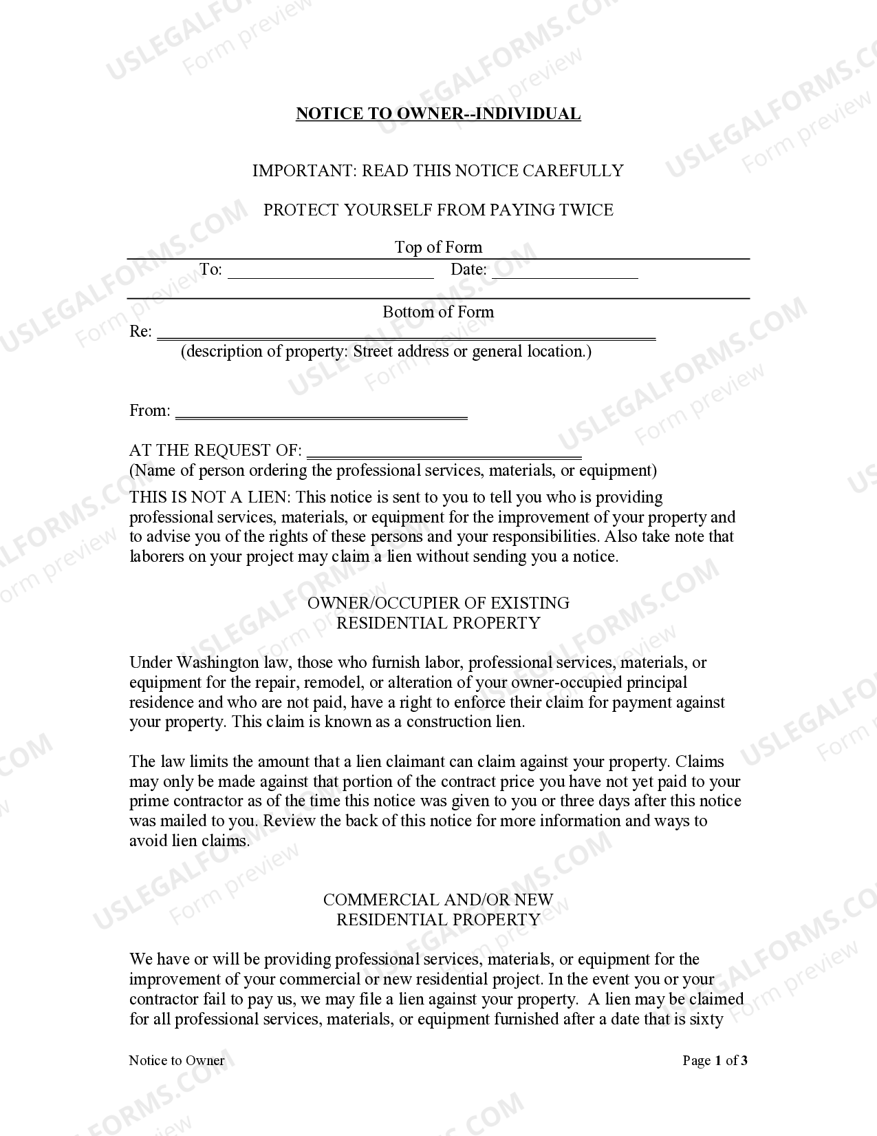 Washington Notice to Owner Individual Mechanics Liens US Legal Forms