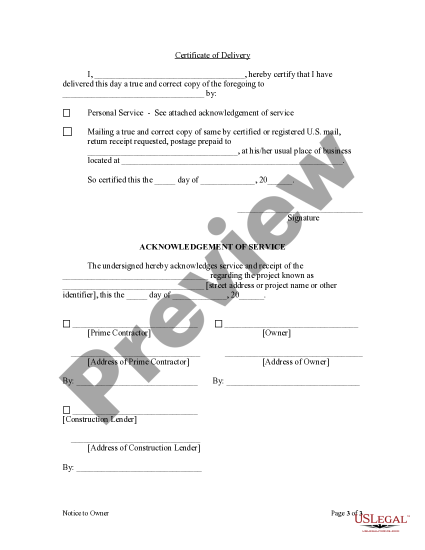 Washington Notice to Owner Individual Mechanics Liens Washington