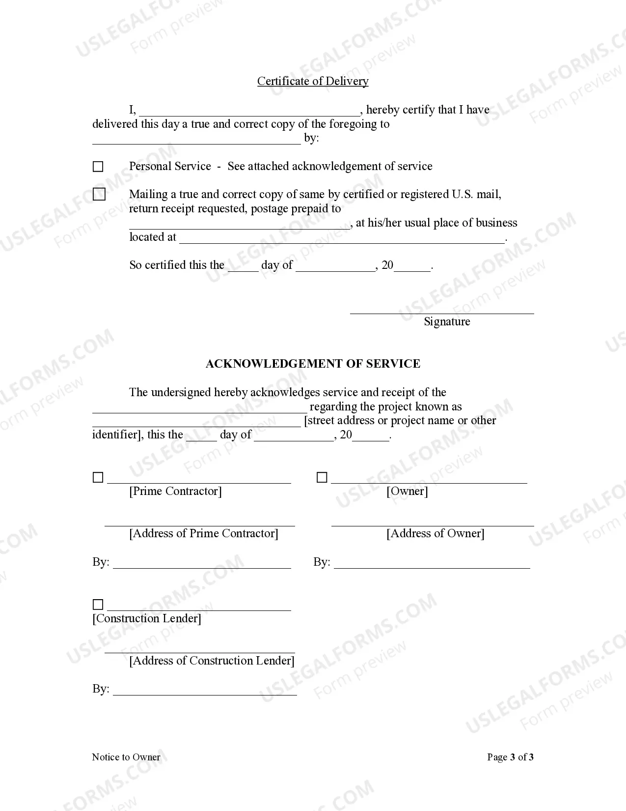 Preview Notice to Owner - Individual - Mechanics Liens