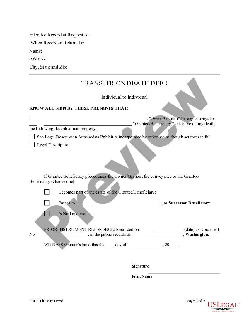 Get Transfer on Death Quitclaim Deed from Individual to Individual with Alternate Beneficiary Preview Transfer on Death Quitclaim Deed from Individual to Individual with Alternate Beneficiary