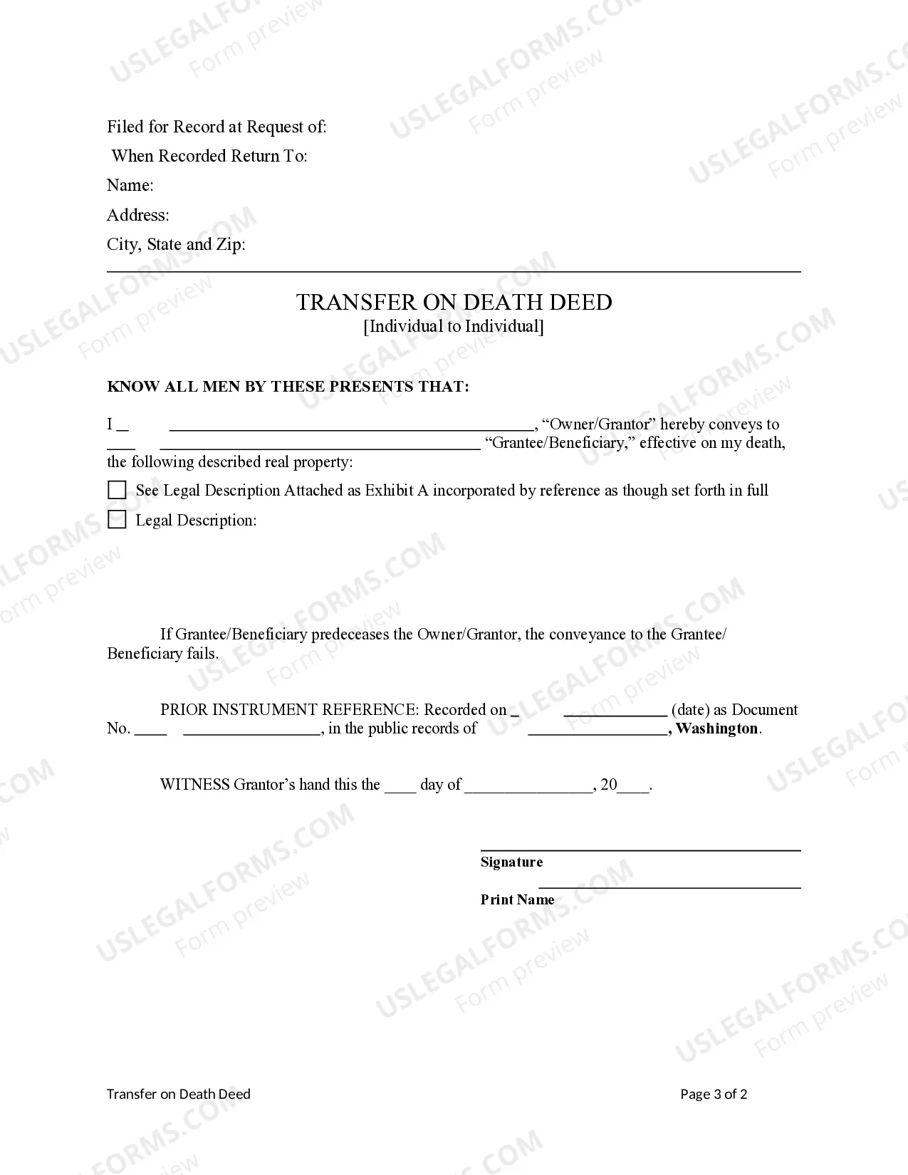 Preview Transfer on Death Quitclaim Deed from Individual to Individual without provision for Successor Beneficiary