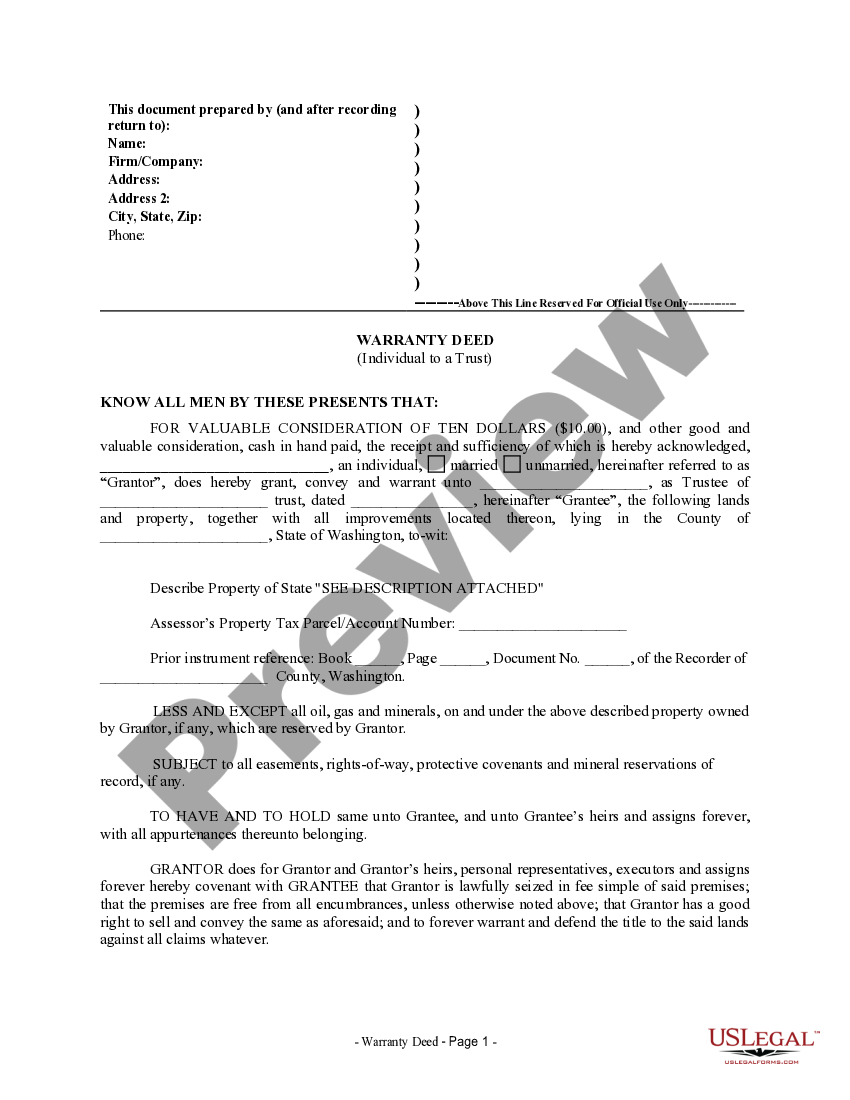 Washington Warranty Deed from Individual to a Trust Wa Trust US