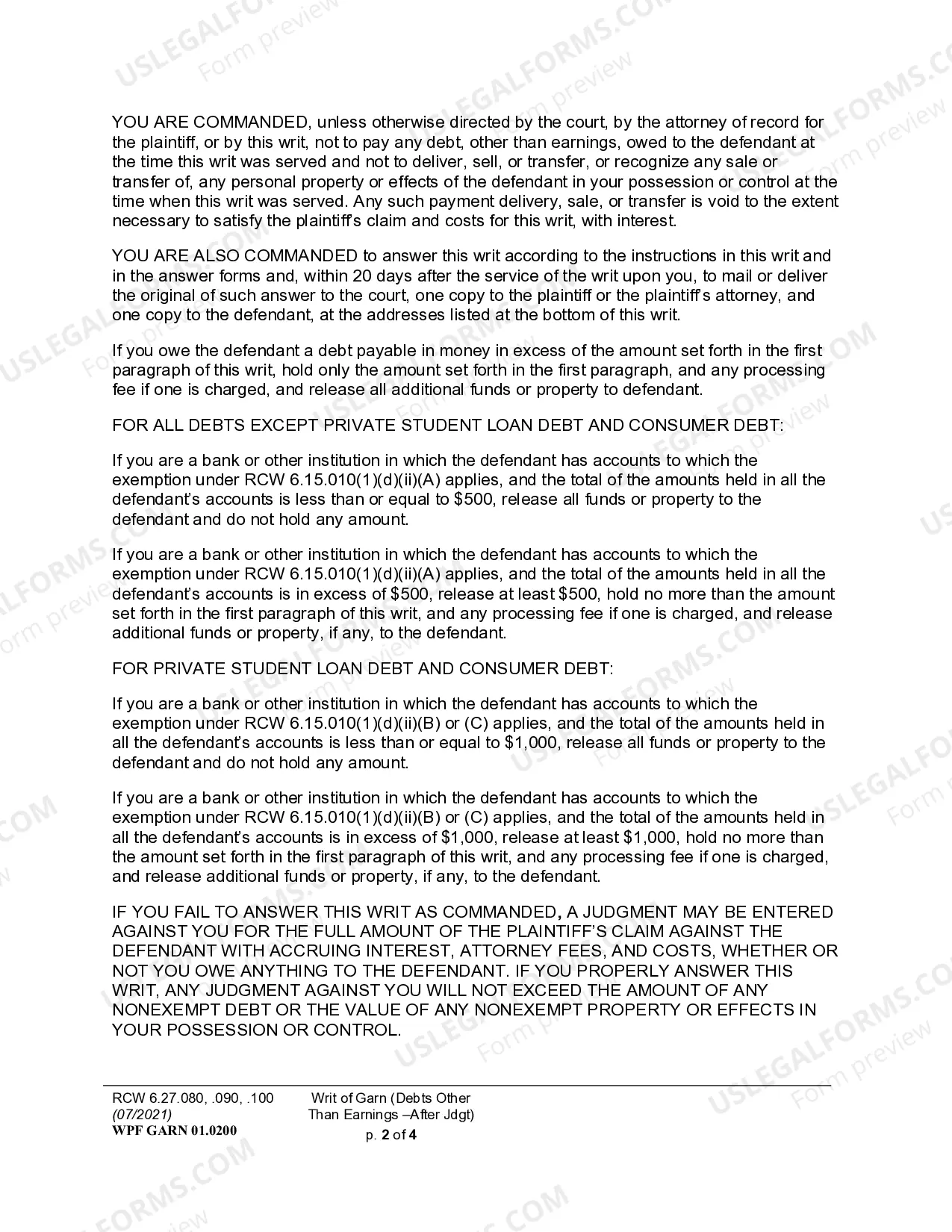 Preview Answer to Writ of Garnishment - Debts Other Than Earnings