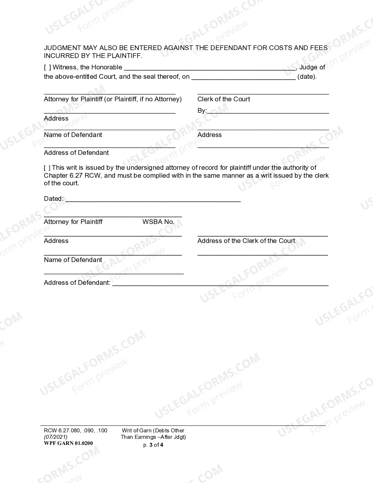 Preview Answer to Writ of Garnishment - Debts Other Than Earnings
