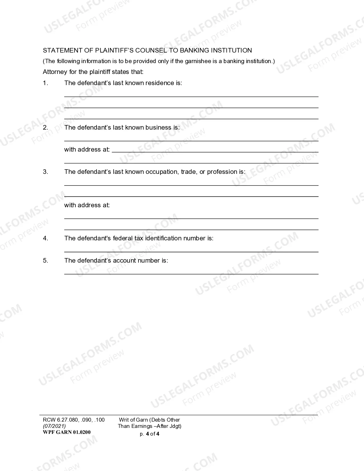 Preview Answer to Writ of Garnishment - Debts Other Than Earnings