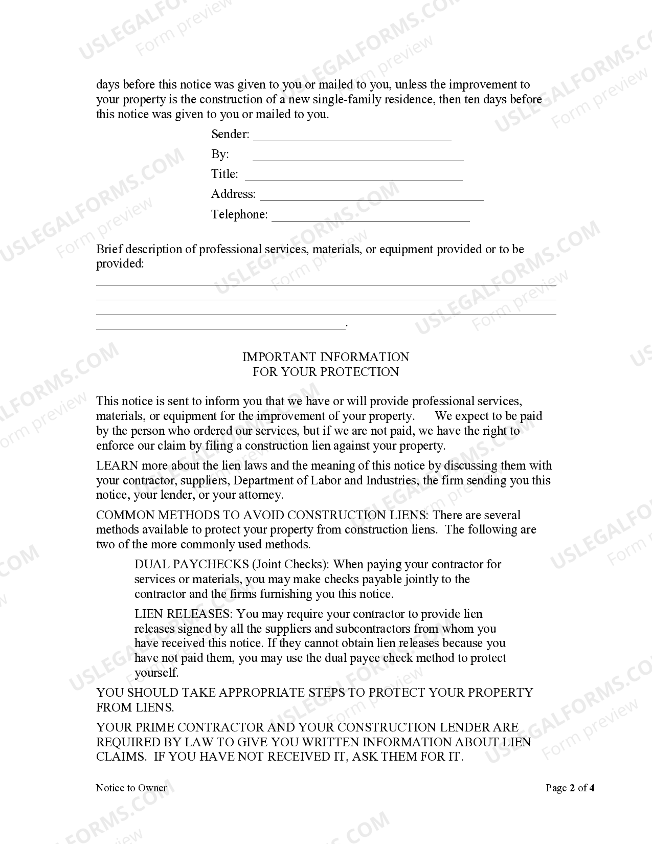 Nto Form Example Washington Notice To Owner Form | US Legal Forms