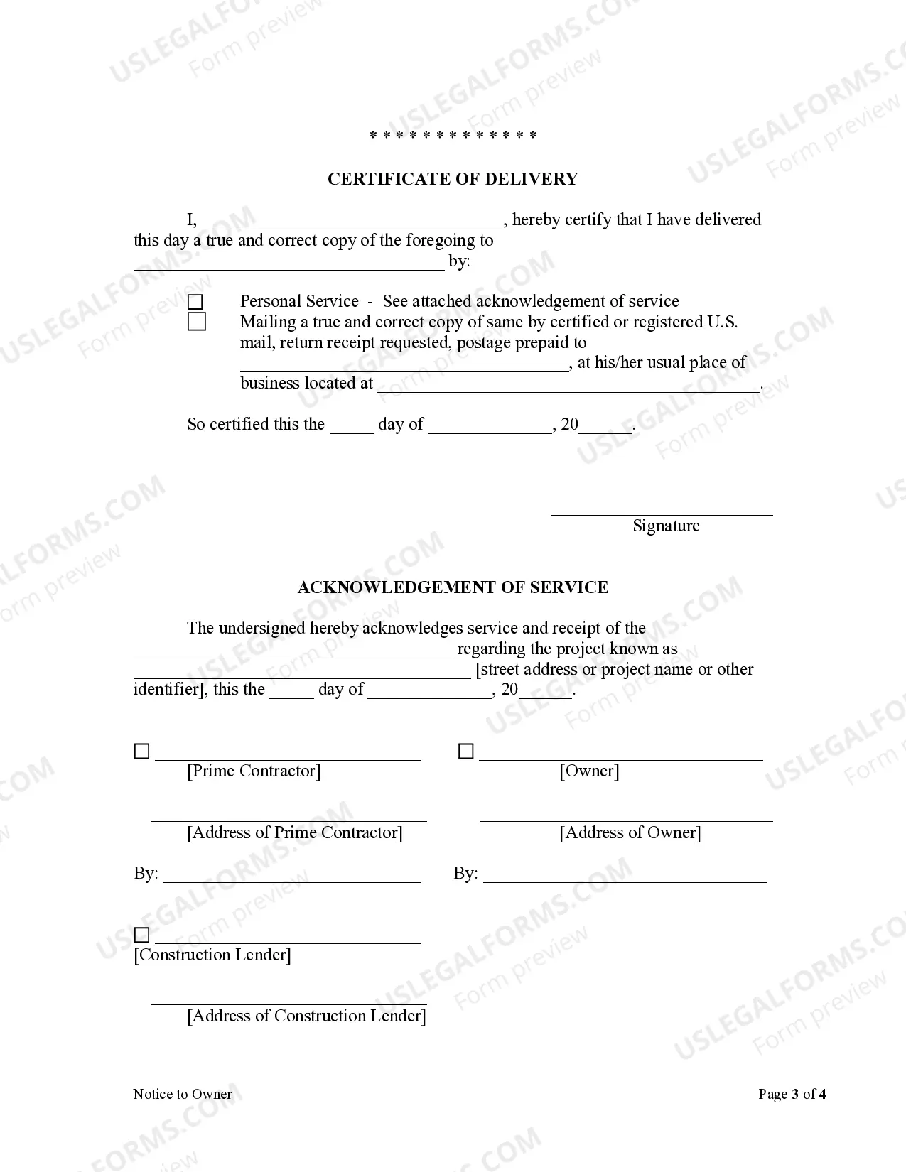 Preview Notice to Owner - Corporation - Mechanics Liens