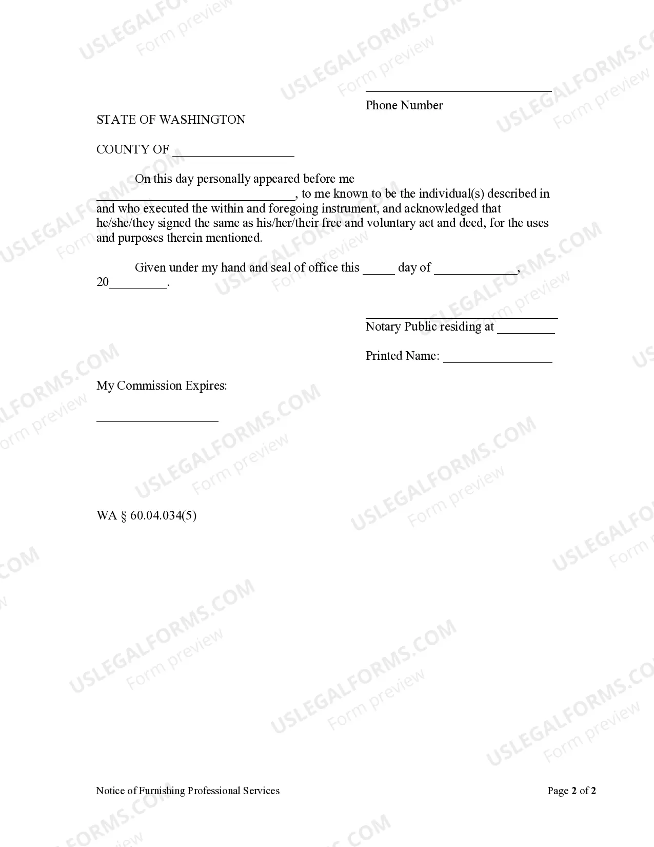 Preview Notice of Furnishing Professional Services - Mechanics Liens - Individual