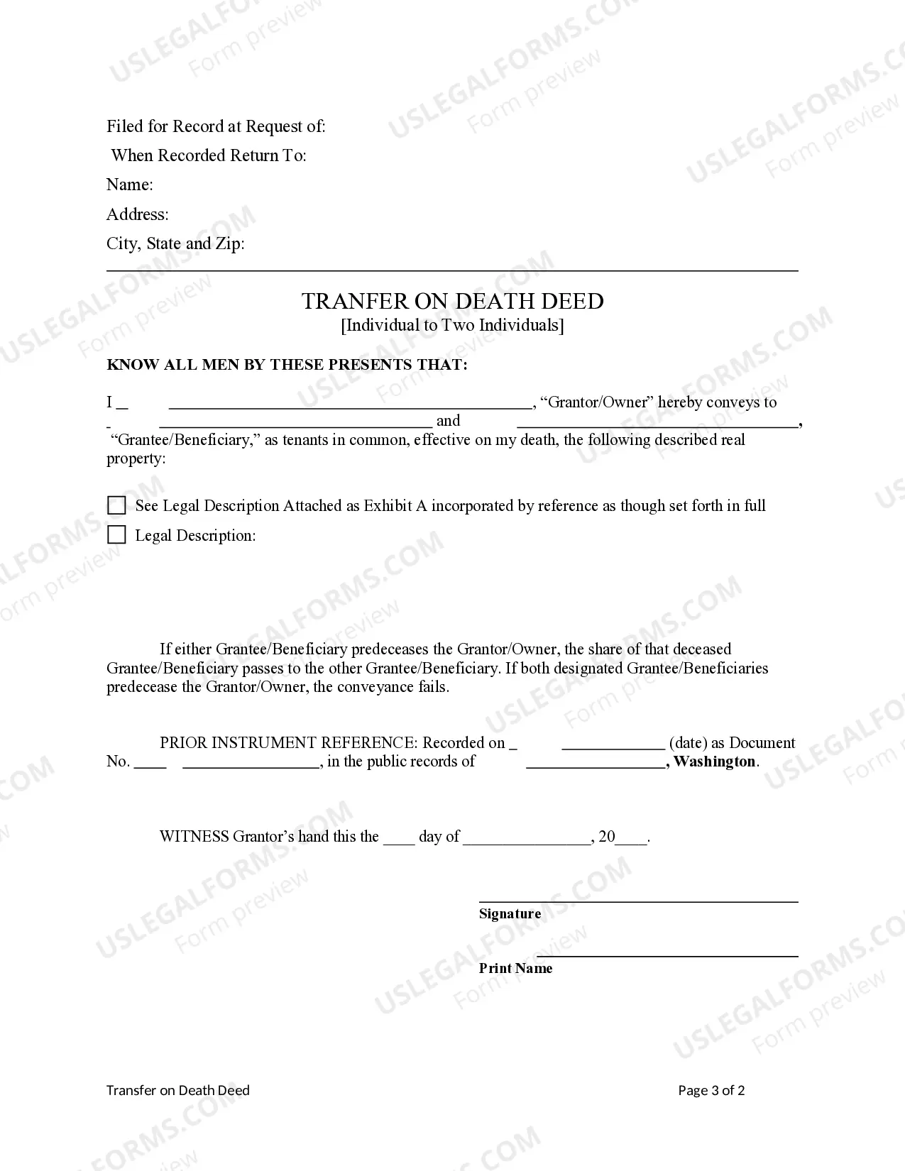 Preview Transfer on Death Quitclaim Deed from Individual to Two Individuals without provision for Successor Beneficiary