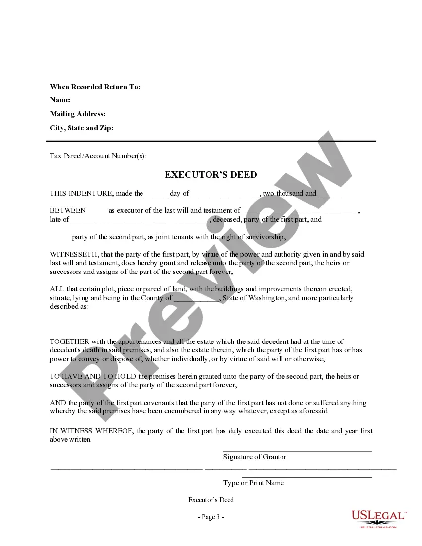 Preview Executor's Deed - Executor to Individuals as Joints Tenants with Right of Survivorship