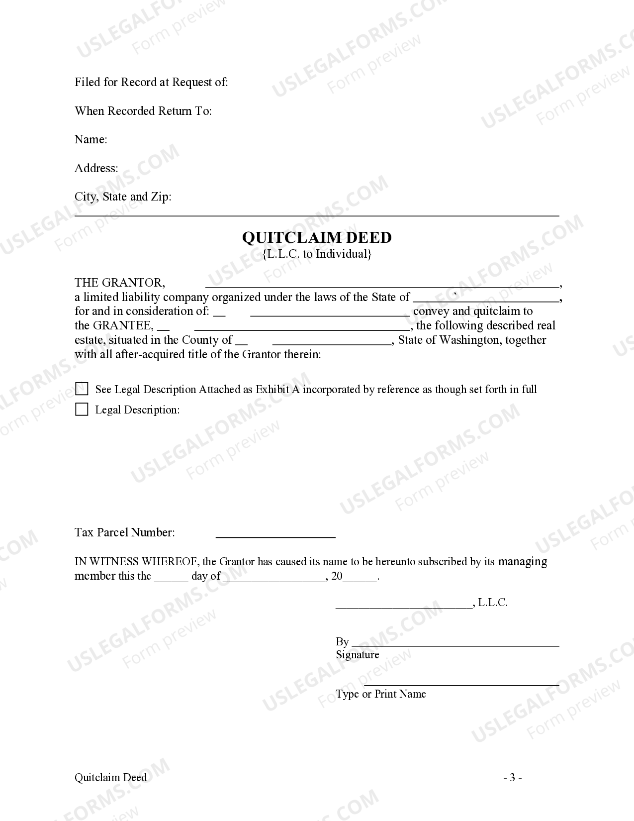 Washington Quitclaim Deed Limited Liability Company to Individual ...