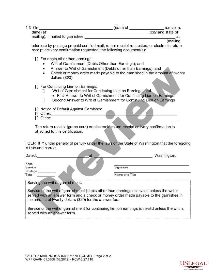 Washington Certification of Mailing | US Legal Forms