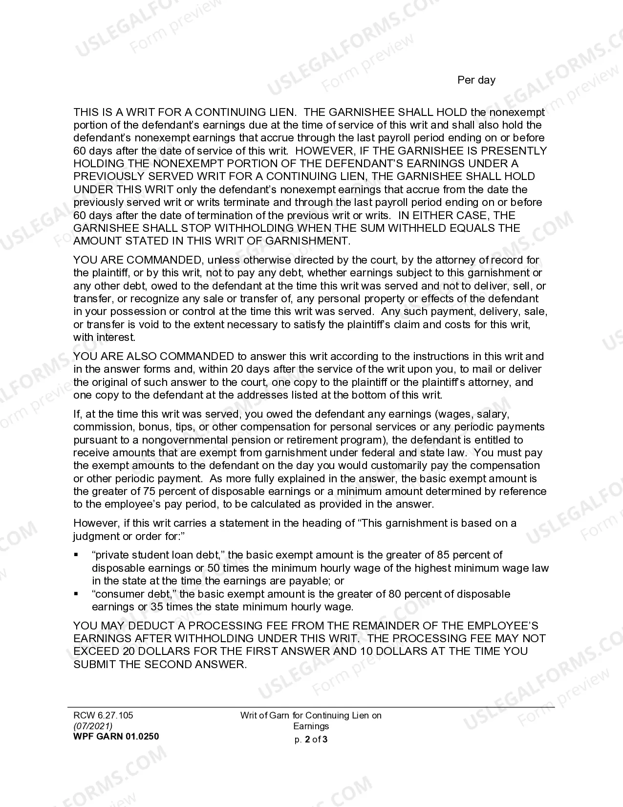 Preview Writ of Garnishment - Continuing Lien on Earnings After Judgment