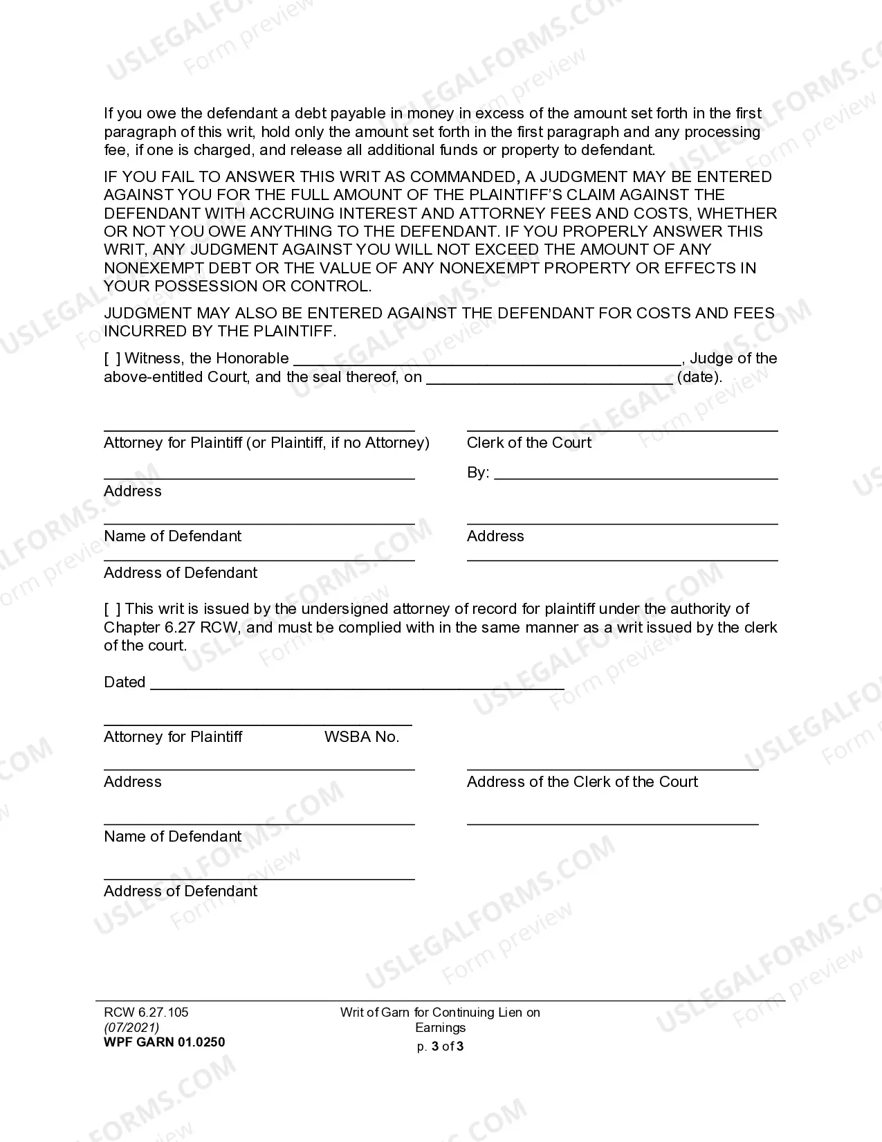 Preview Writ of Garnishment - Continuing Lien on Earnings After Judgment