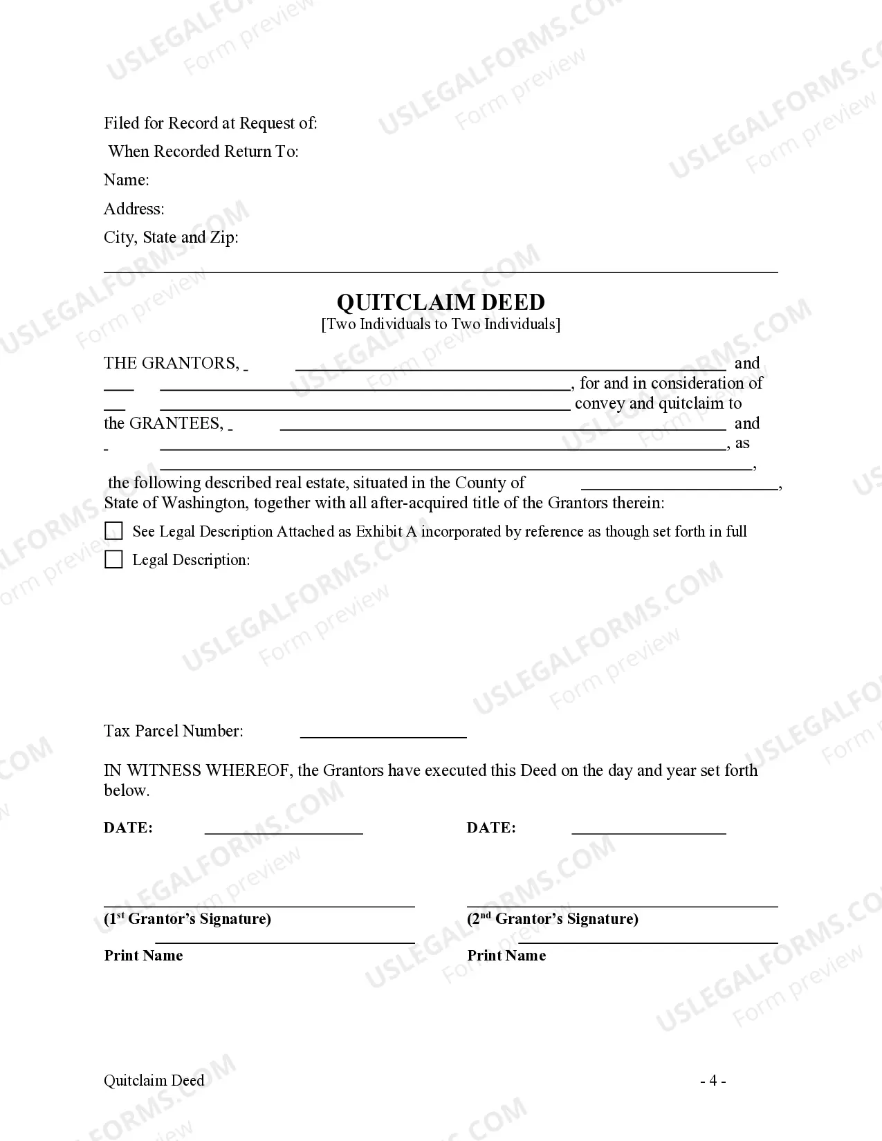 Preview Quitclaim Deed from Iwo Individual Grantors to Two Individual Grantees