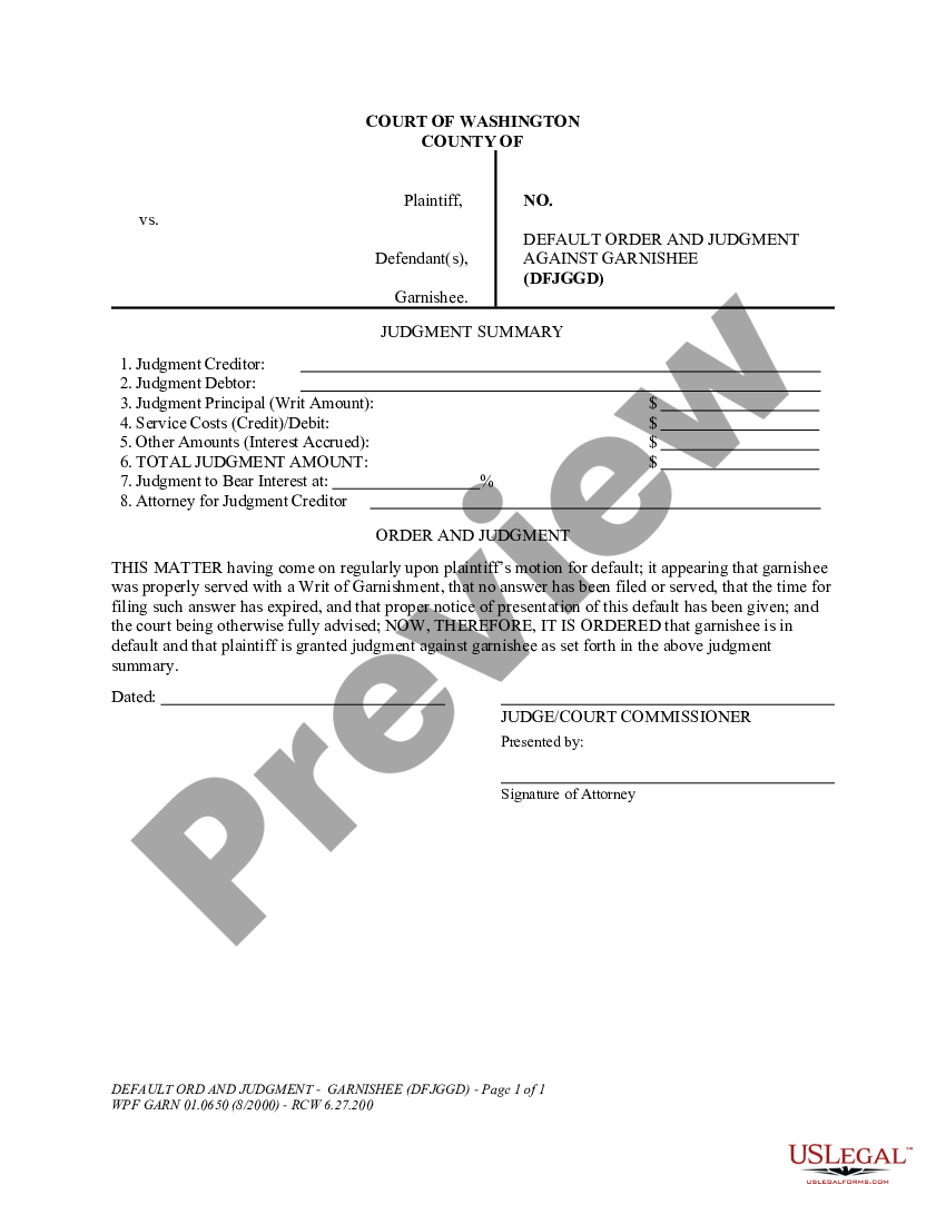 Washington Default Order and Judgment Against Garnishee | US Legal Forms