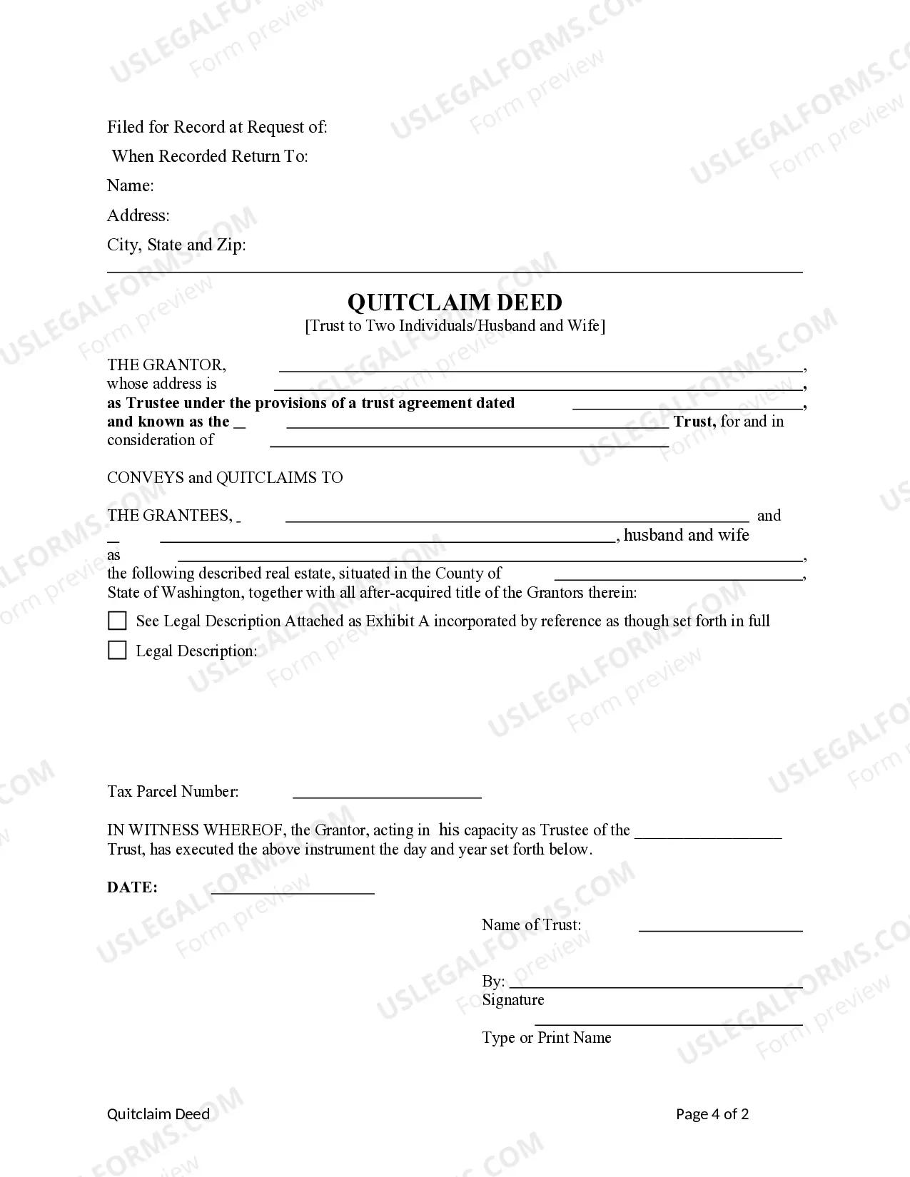 Preview Quitclaim Deed from Trust to Husband and Wife / Two Individuals