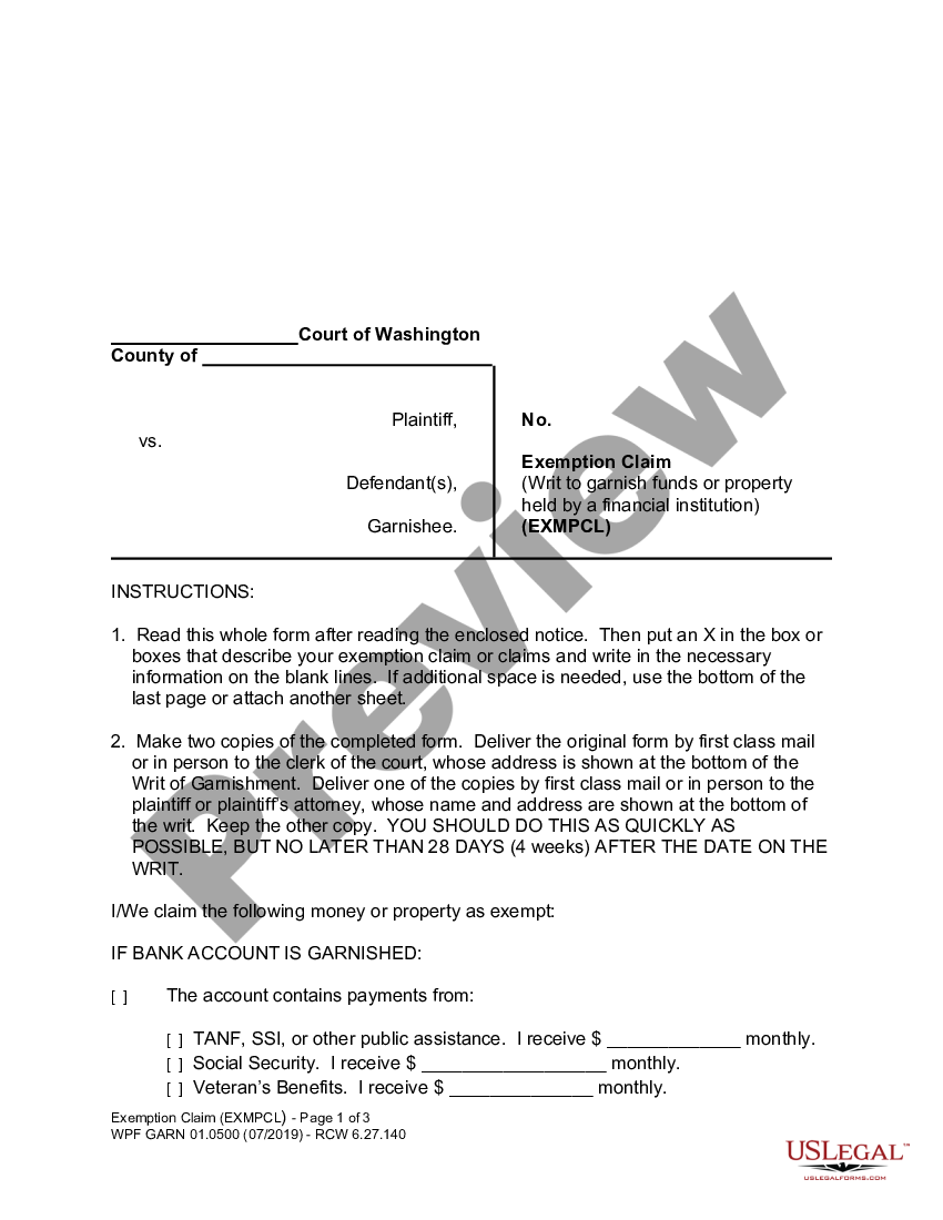 Washington Exemption Claim | US Legal Forms