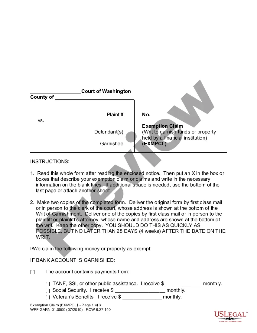 Washington Exemption Claim US Legal Forms