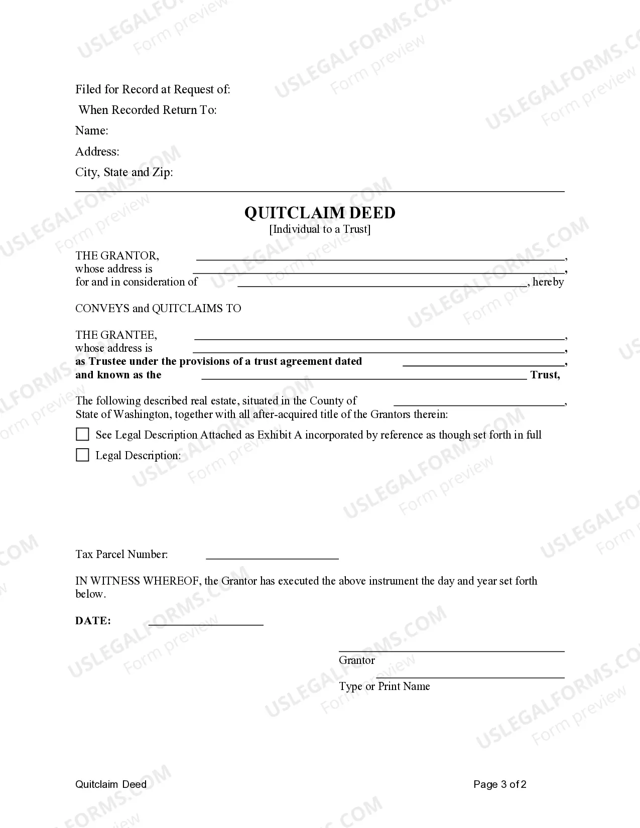 Preview Quitclaim Deed from an Individual to a Trust