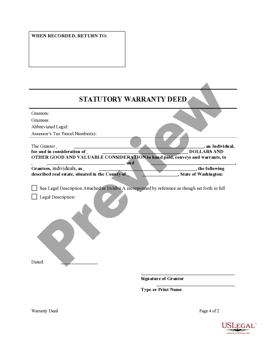 Preview Statutory Warranty Deed from One Individual to Two Individuals