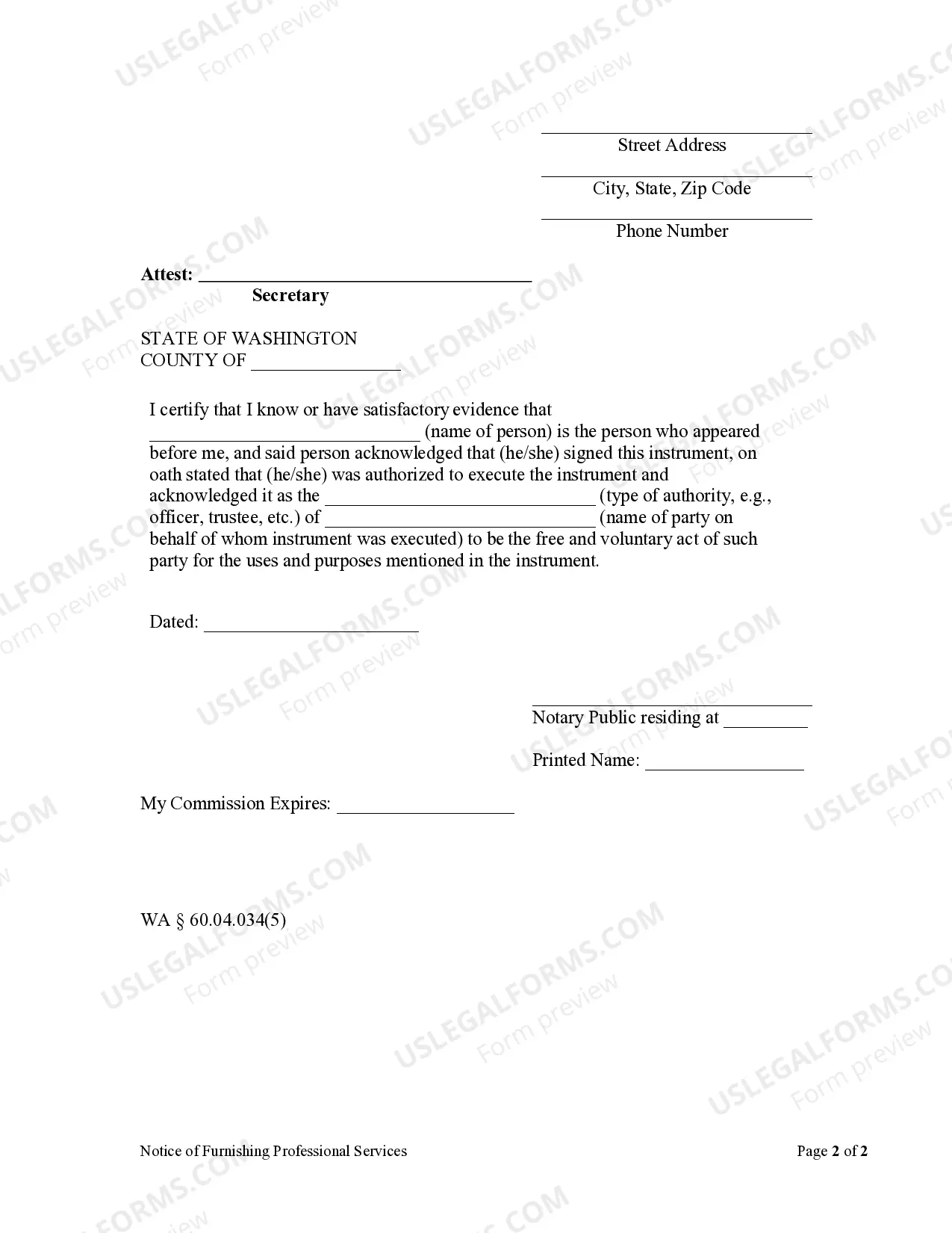 Preview Notice of Furnishing Professional Services - Mechanics Liens - Corporation